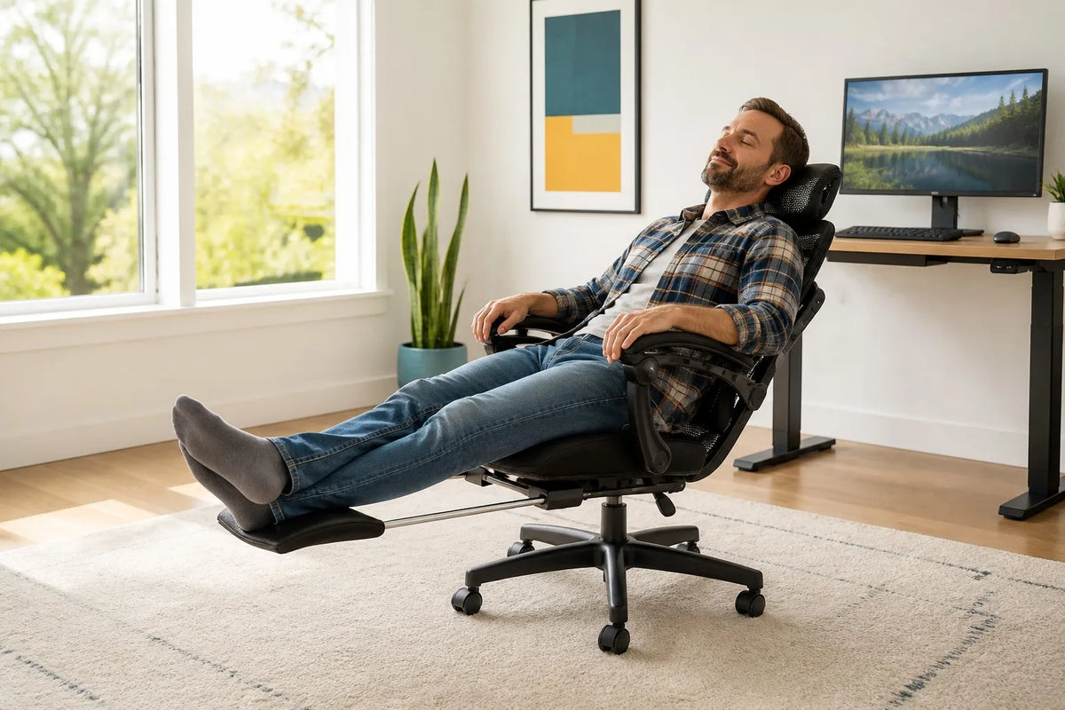 Relaxed American man reclining in a black mesh ergonomic chair with footrest extended in a sunny home office