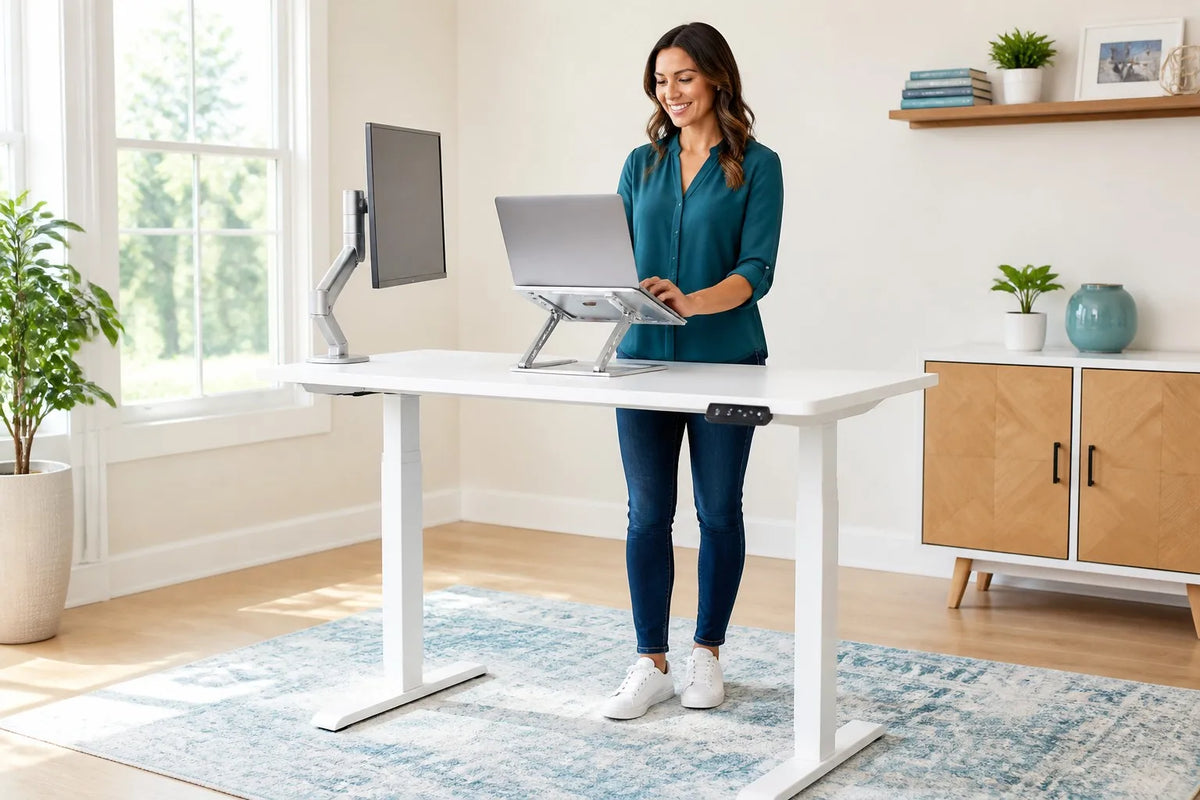 American woman standing at a white electric desk in a bright home office
