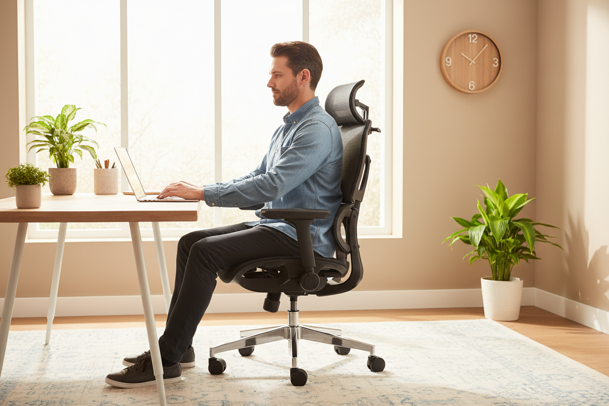 The Rackora L3 FlexBreath ergonomic chair in a bright American home office on a sunny morning, with an American man working at a desk.