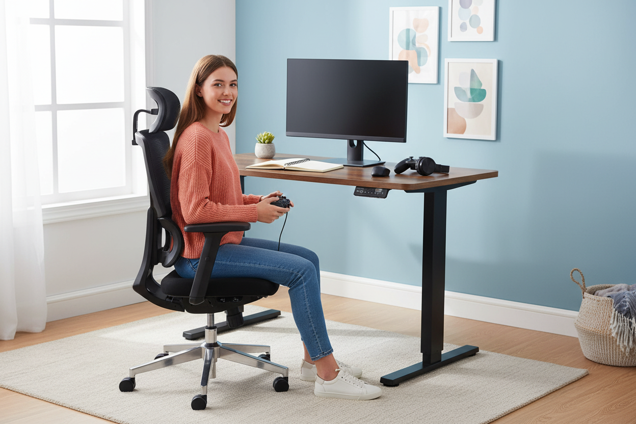American home office with a Rackora height-adjustable standing desk and ergonomic chair set up for studying and gaming
