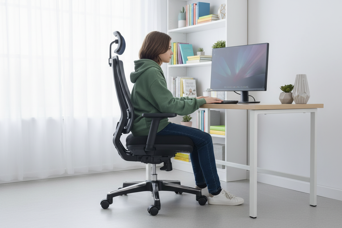 American teenager using the Rackora L2 ergonomic office chair in a bright U.S. home study