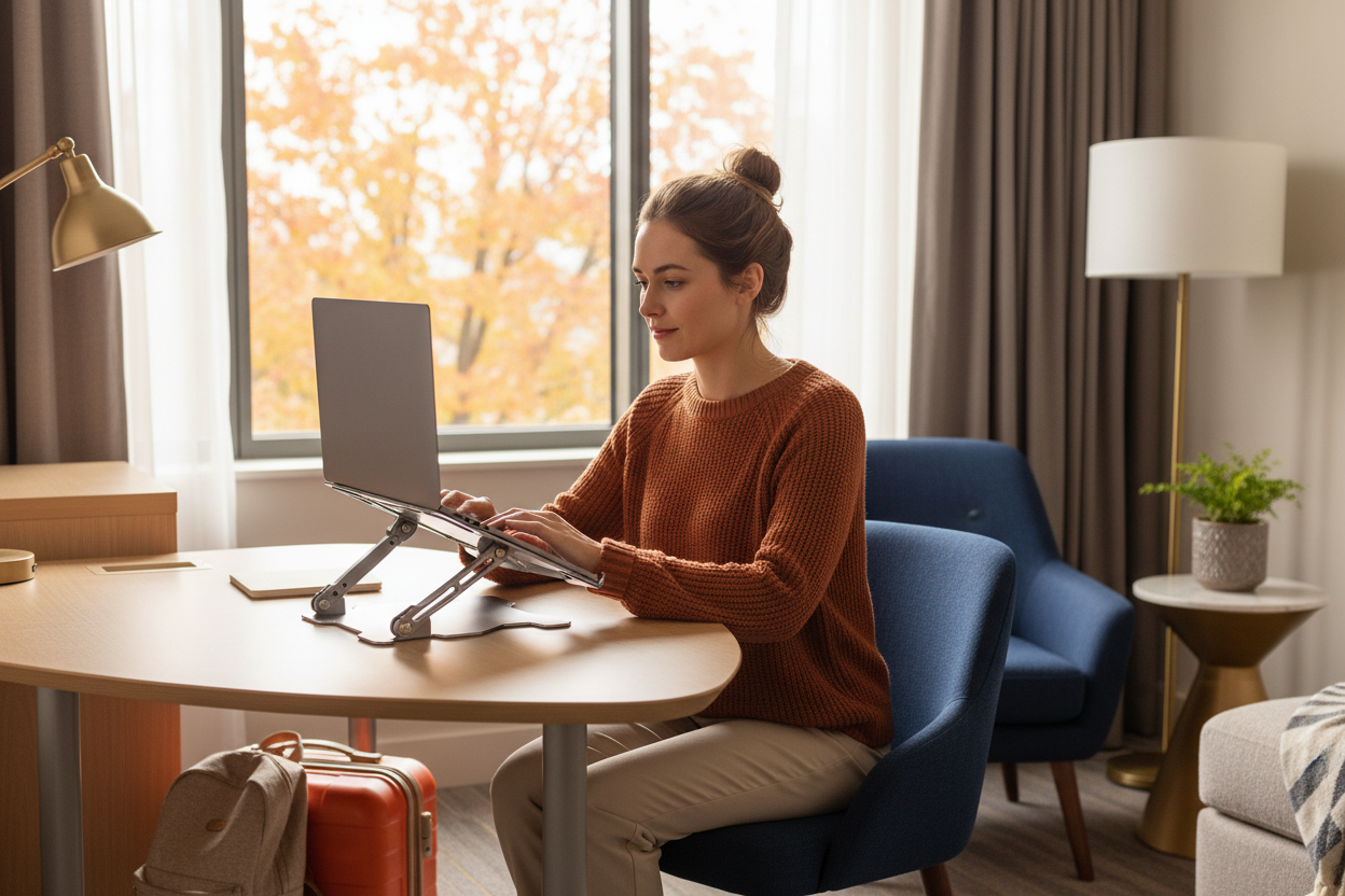 American remote worker using a laptop on the Rackora Ergo Laptop Stand Elite Edition in a bright hotel room