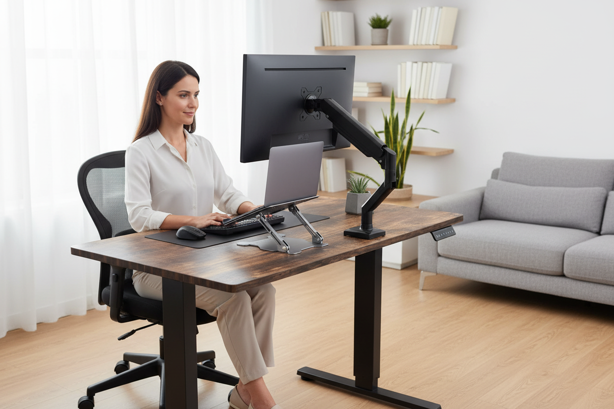 American home office with a correctly raised monitor, laptop stand, monitor arm, and electric standing desk for neutral neck posture