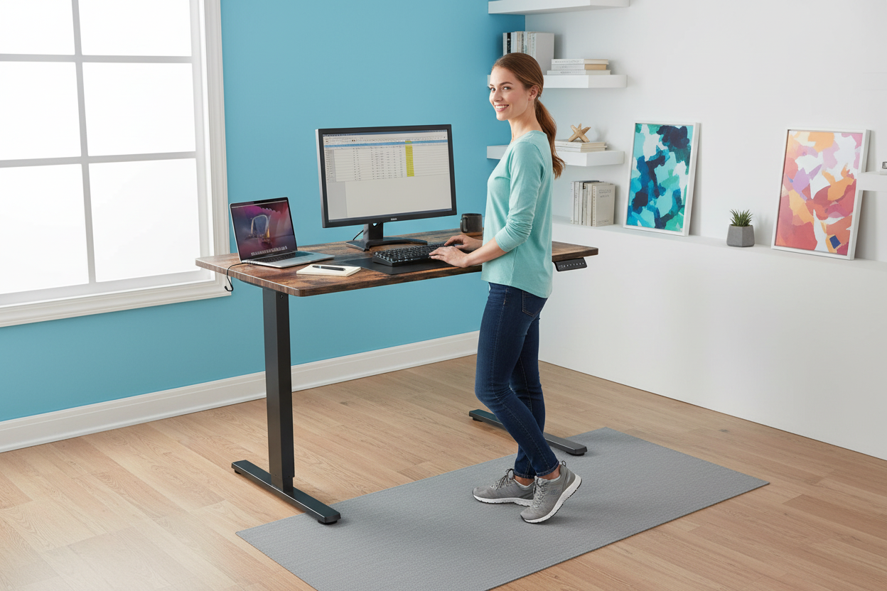 American woman using a Rackora brown electric standing desk in a bright home office