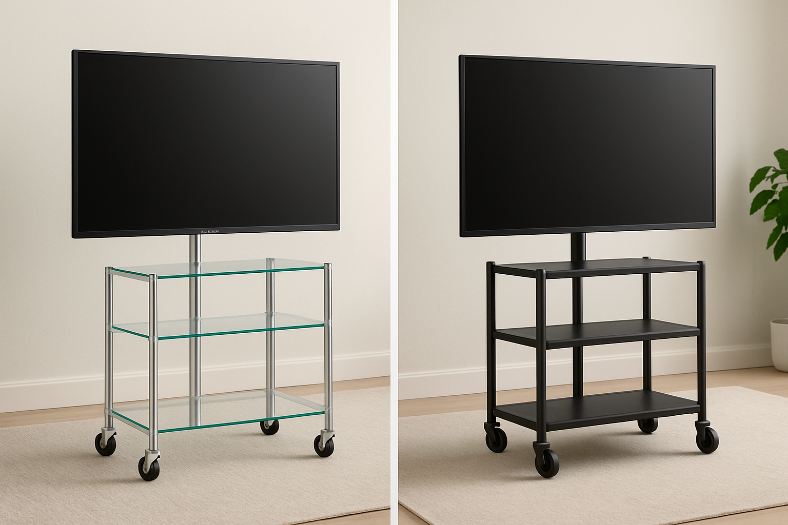 Rolling TV Stand Glass Shelves VS Metal Shelves Which Looks Better
