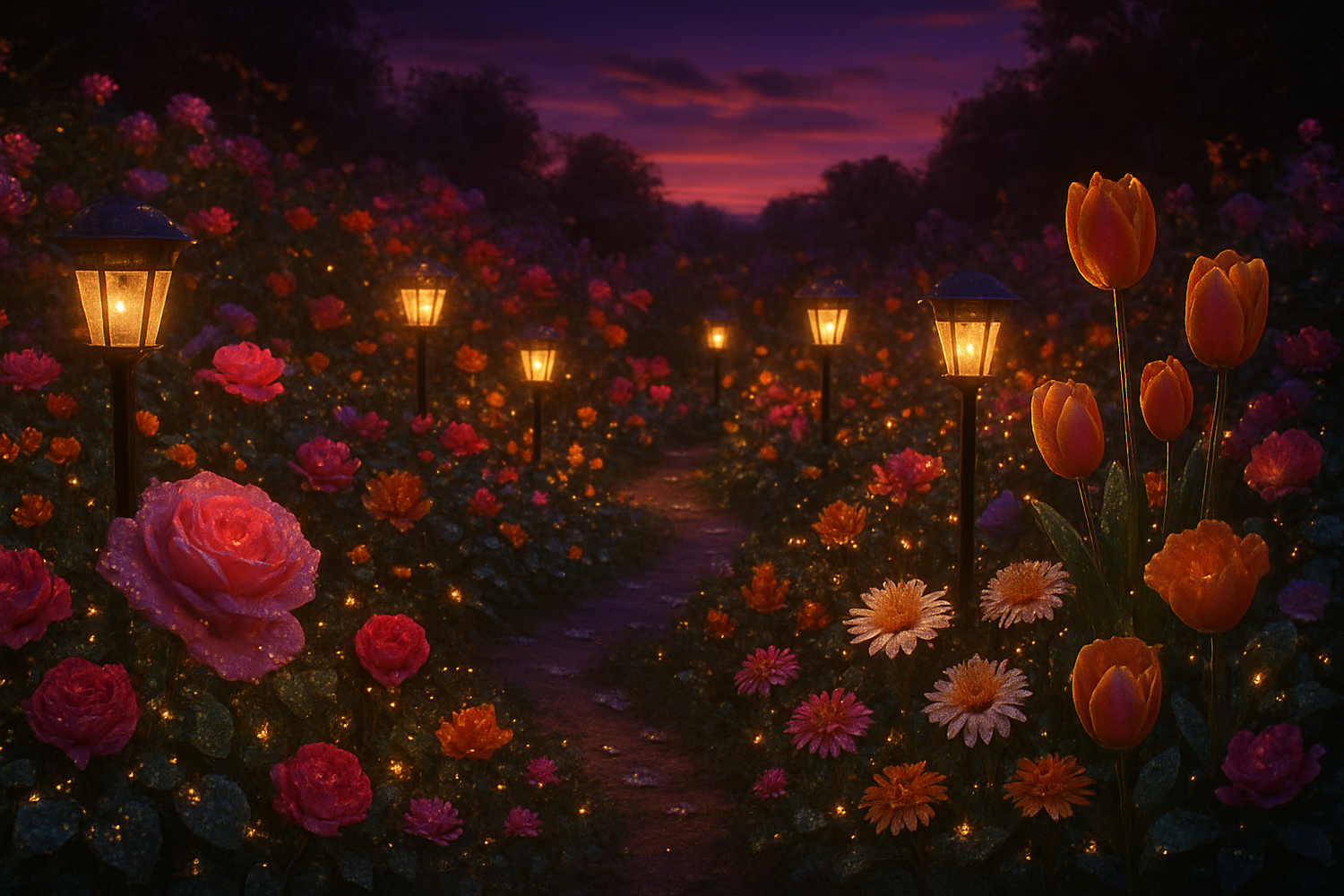 Solar lights make garden flowers sparkle at dusk