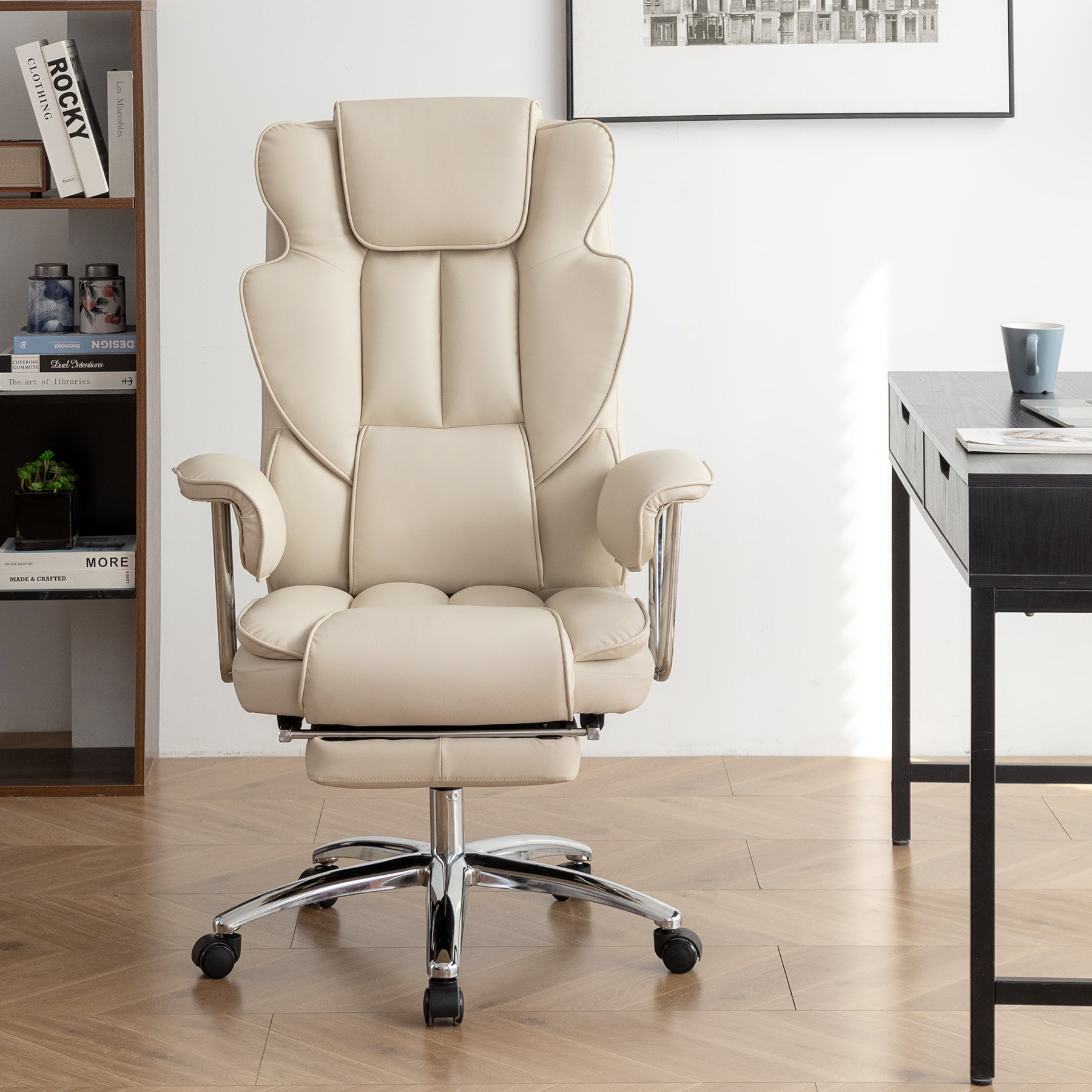 Beige Big and Tall Executive Leather Office Chair with Footrest| Ergonomic Reclining Chair High Back