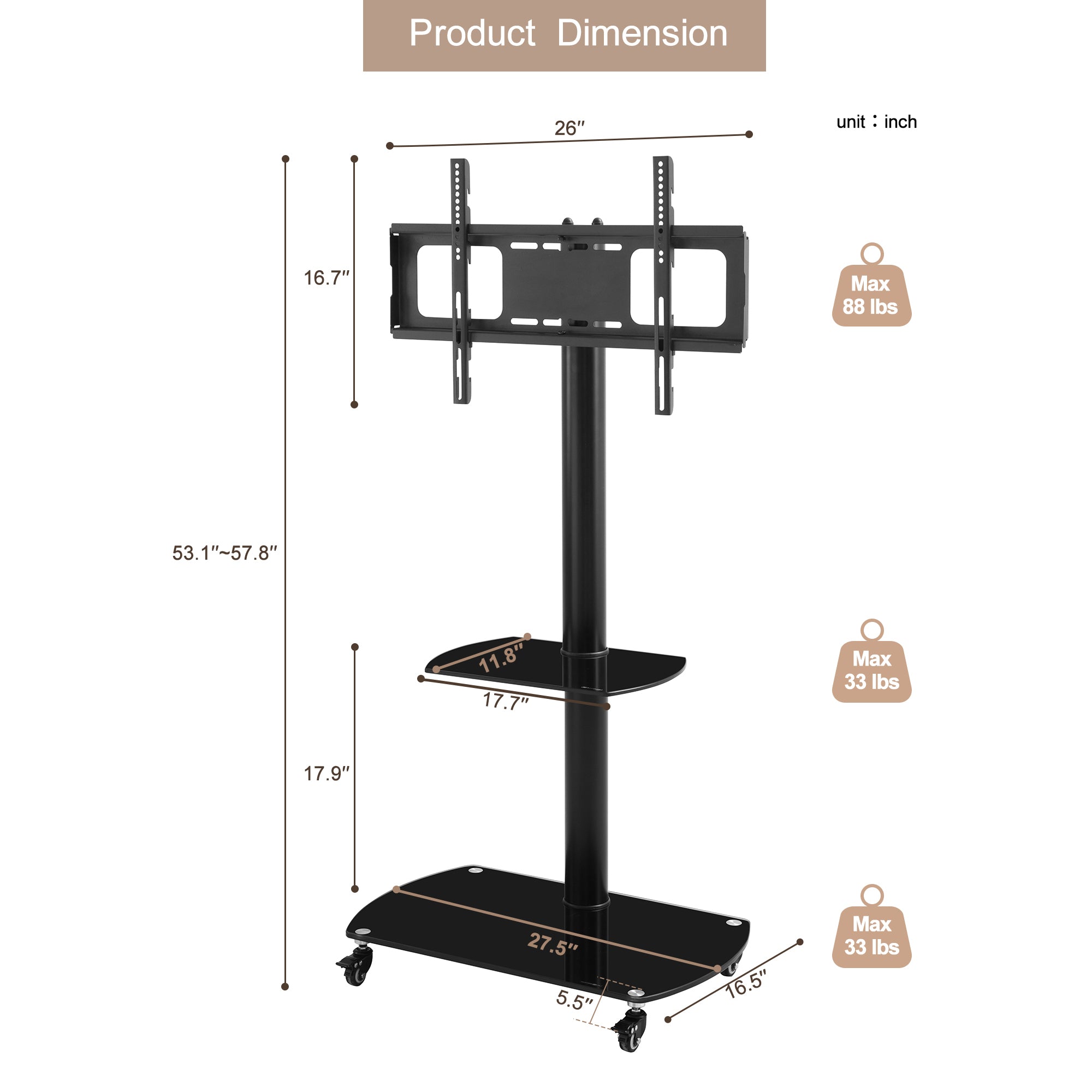 32-65 INCH Mobile TV Stand 2 Tier Tempered Glass Shelves
