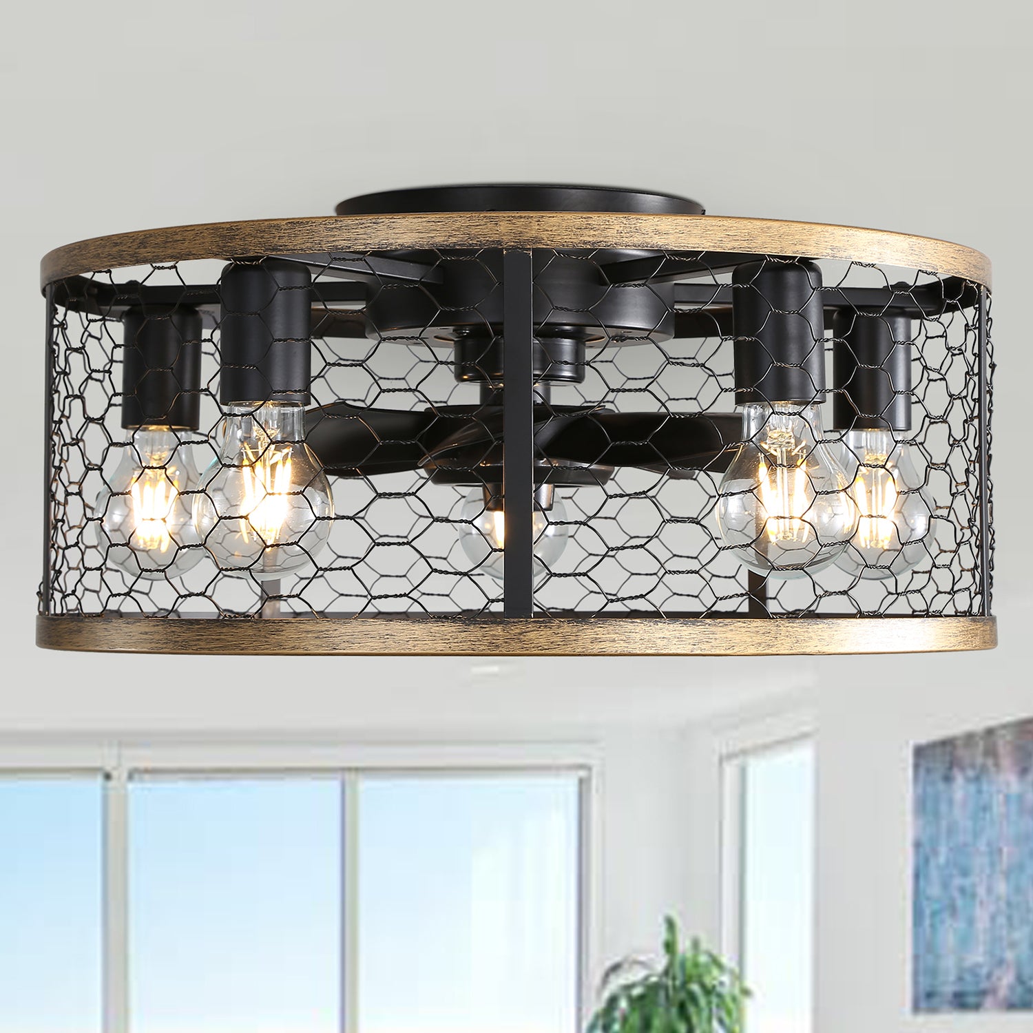 20 Inch Caged Ceiling Fan with Light and Remote - Low Profile Farmhouse Industrial Fan