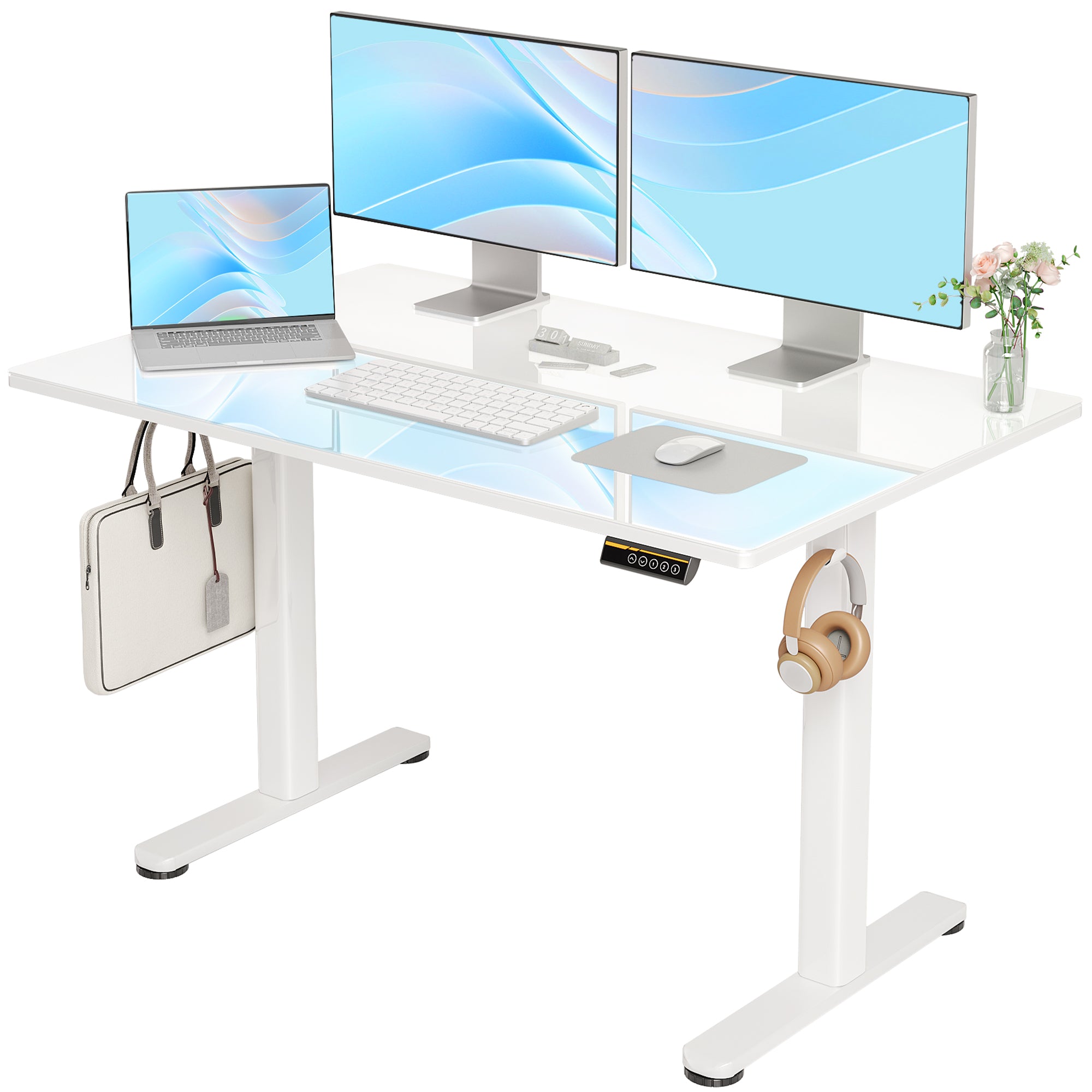 48" Electric Standing Desk with White Glass Top - Quick Assembly, Height Adjustable, T-Shape Base