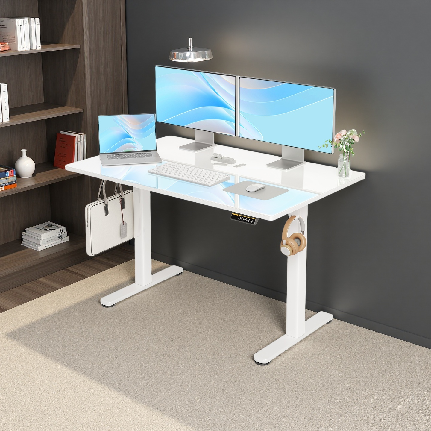 48" Electric Standing Desk with White Glass Top - Quick Assembly, Height Adjustable, T-Shape Base