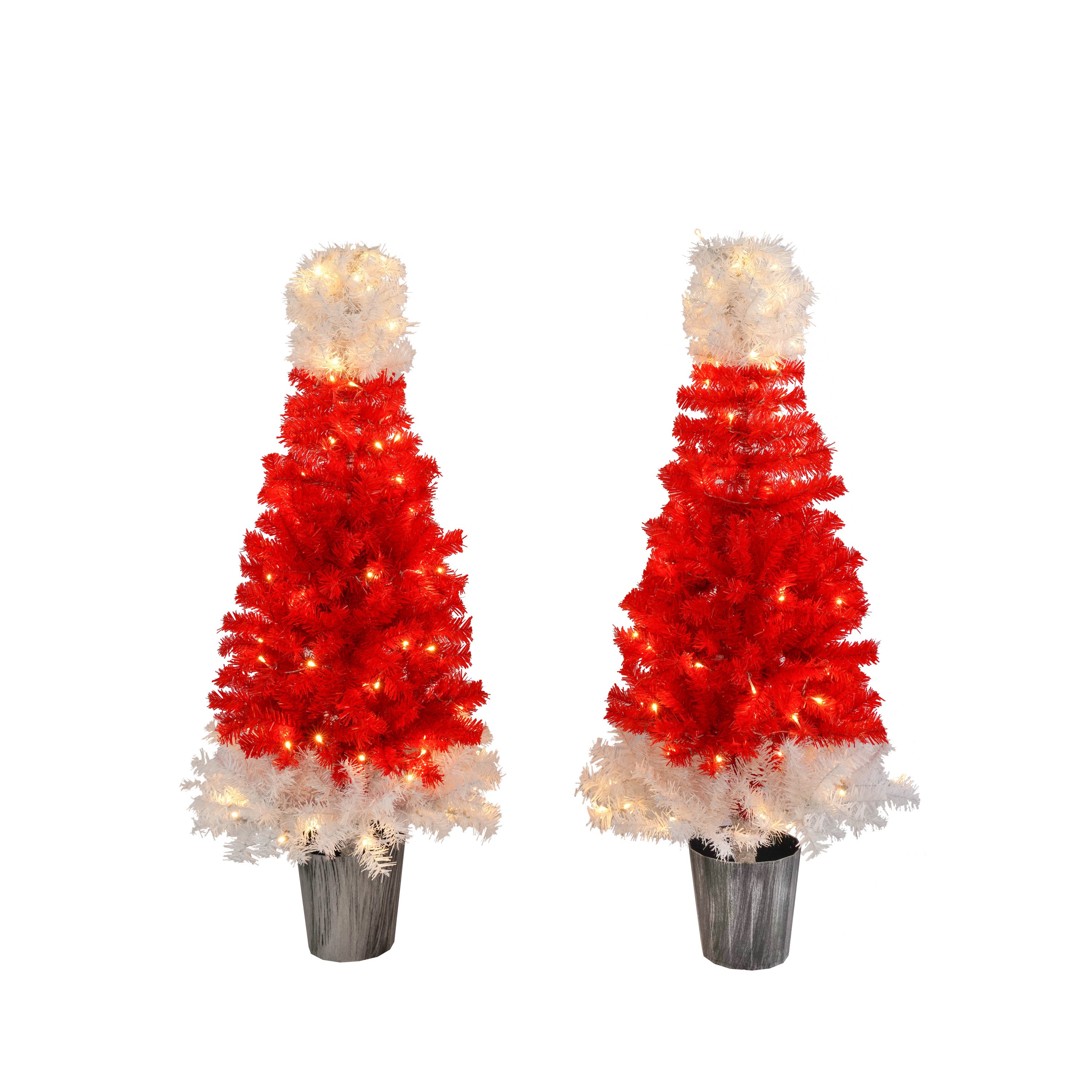 Lighted Santa Hat Style Christmas Tree Set of 2, 4ft Artificial Tree