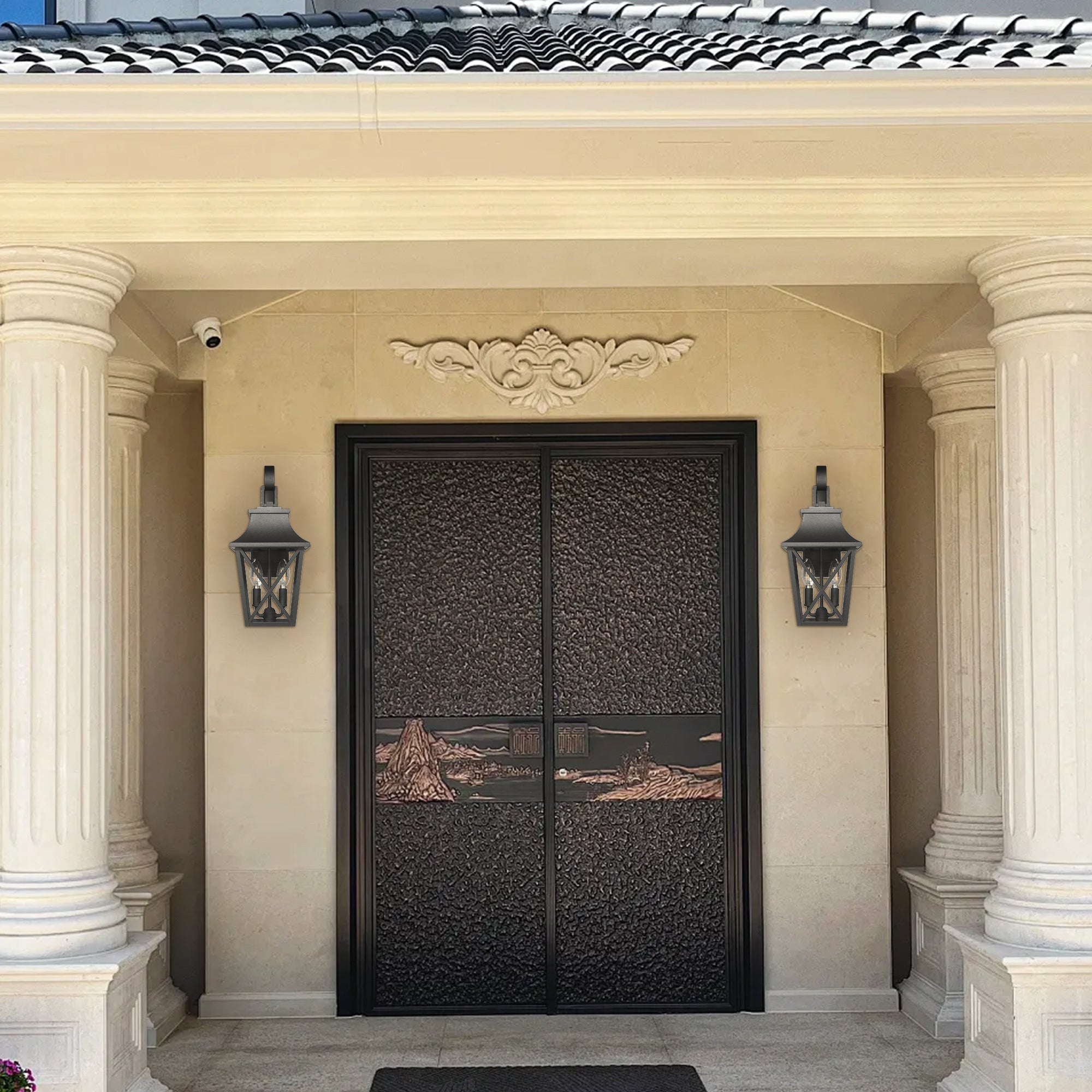 Black Outdoor Wall Lantern 2-Pack - Large Modern Porch Light with Glass Shade