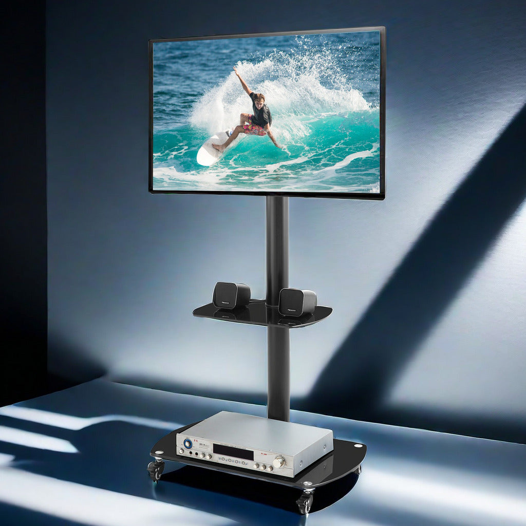 32-65 INCH Mobile TV Stand 2 Tier Tempered Glass Shelves