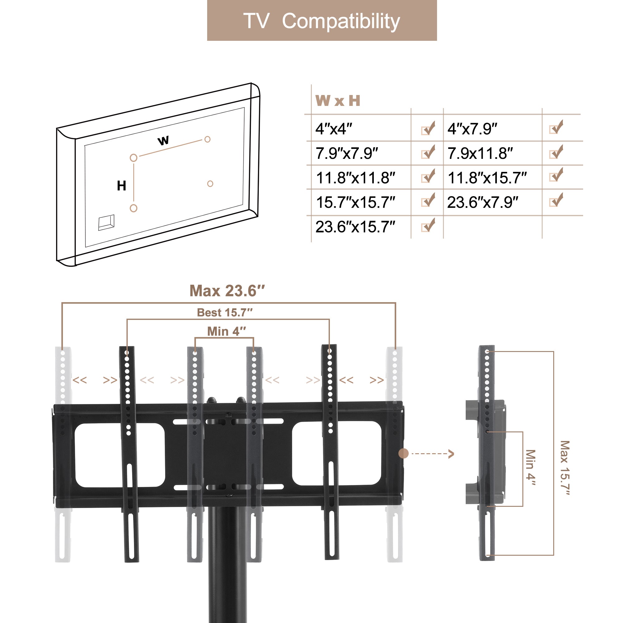32-65 INCH Mobile TV Stand 2 Tier Tempered Glass Shelves