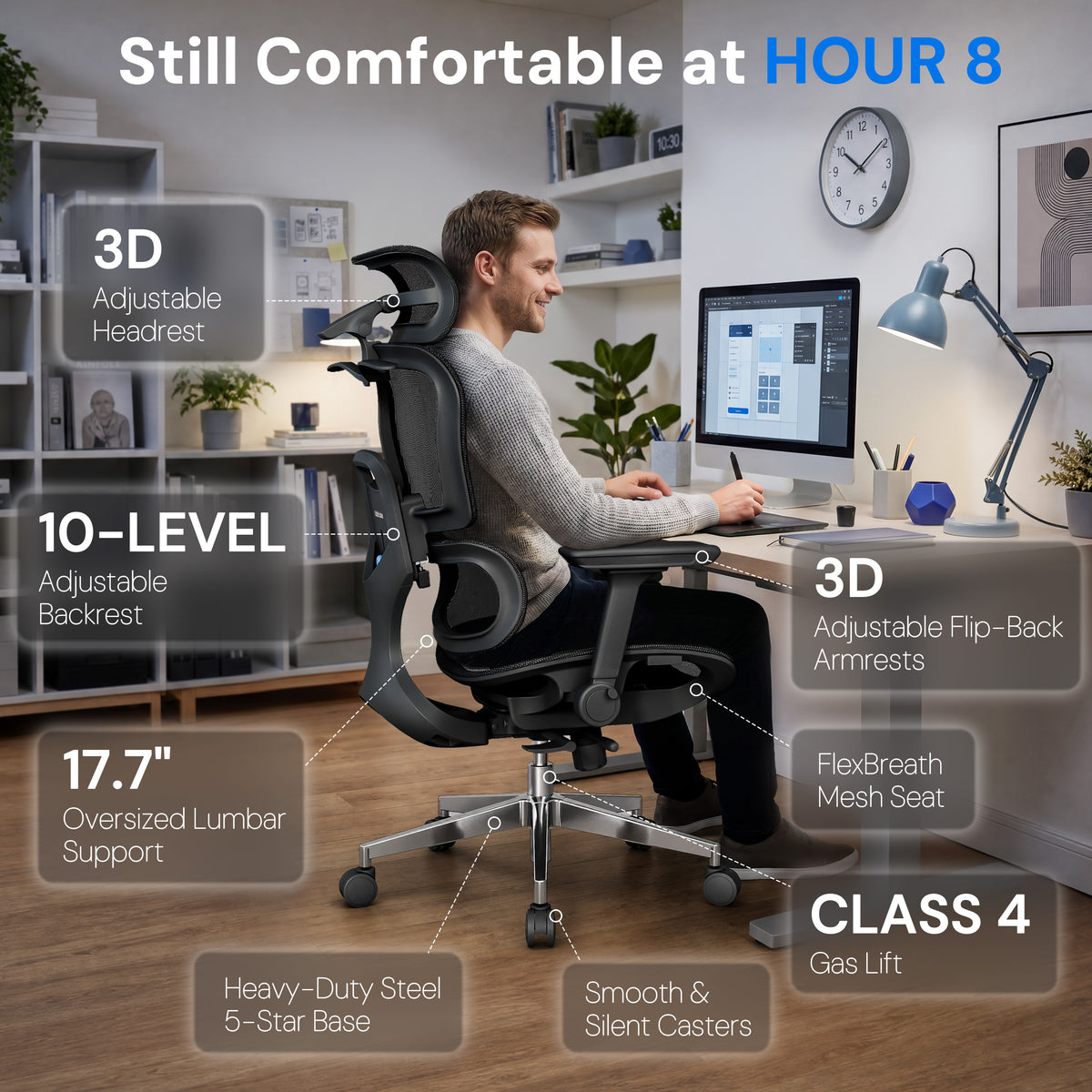 A man sits in a black ergonomic office chair at a desk in a home office setting. The image includes multiple callout text boxes highlighting chair features such as adjustable headrest, 10-level backrest, 17.