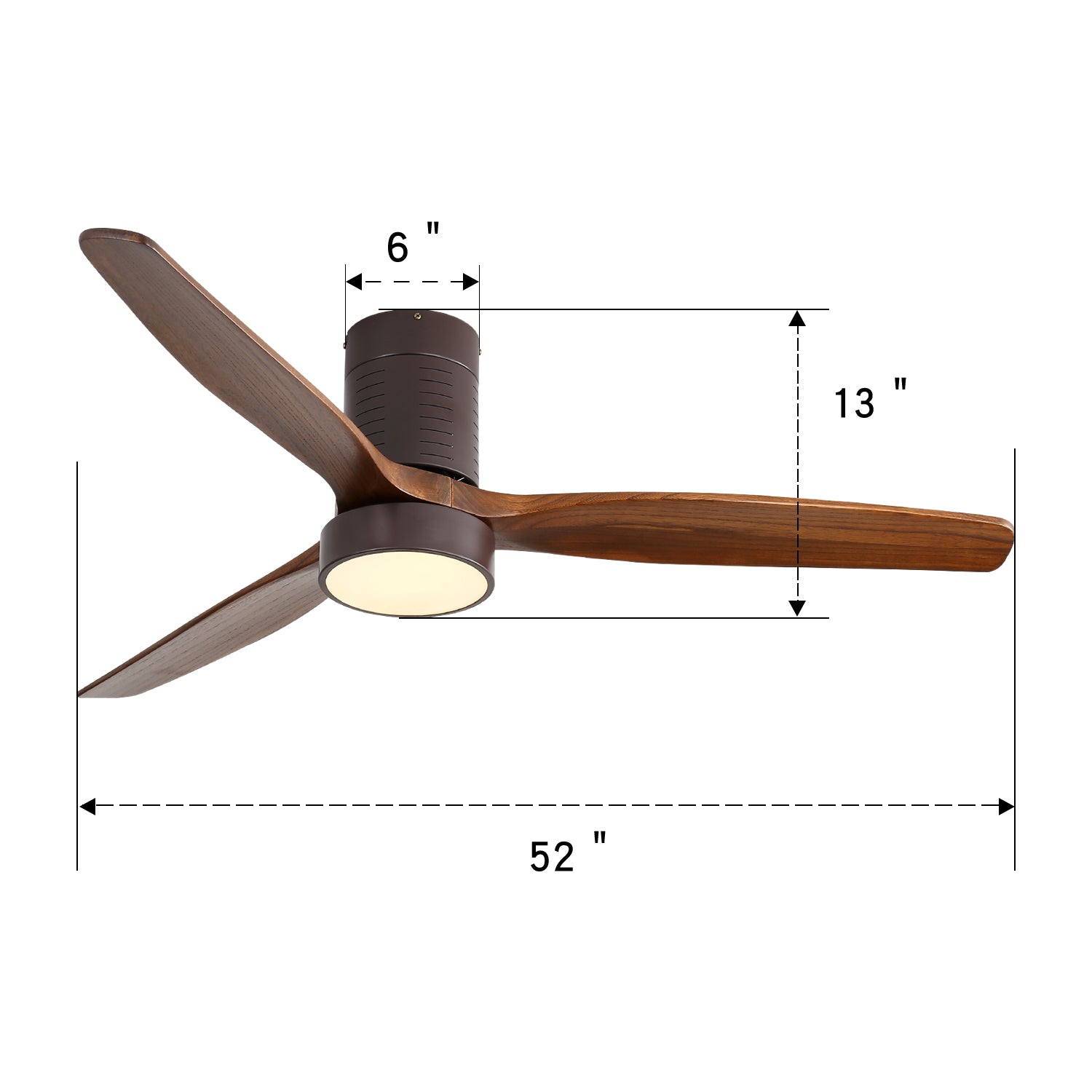 52 Inch Flush Mount Ceiling Fan with LED Light and Remote - Solid Wood Blades