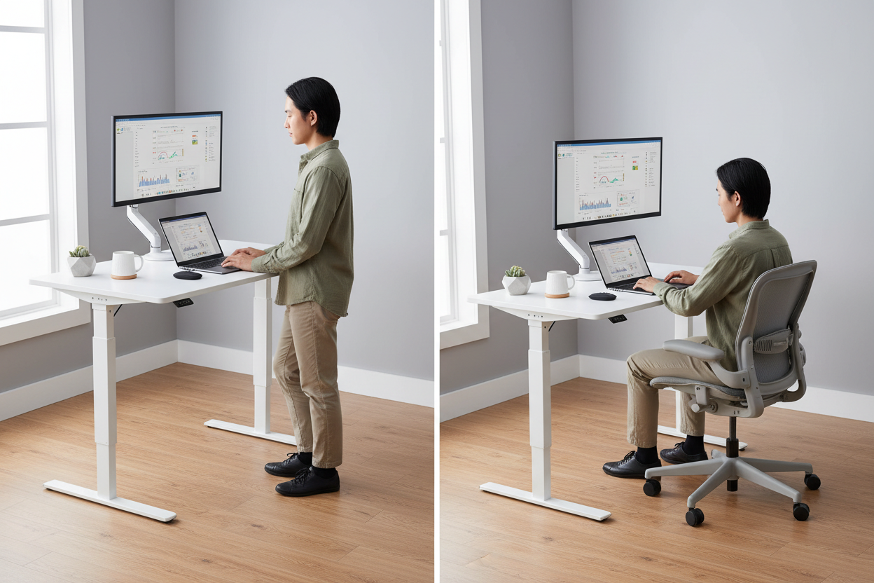 47英寸白色可升降办公桌使用场景对比图