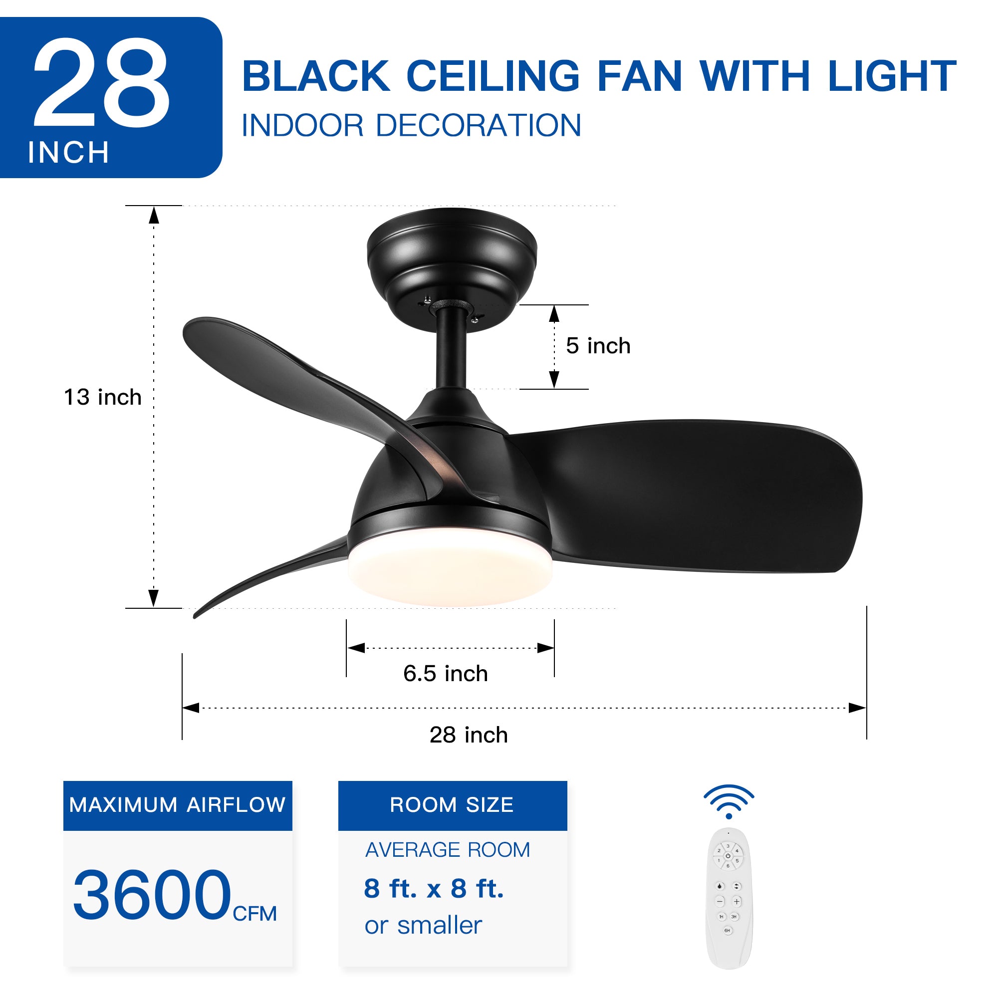 28" Black Ceiling Fan Integrated LED Light & Remote - DC Motor