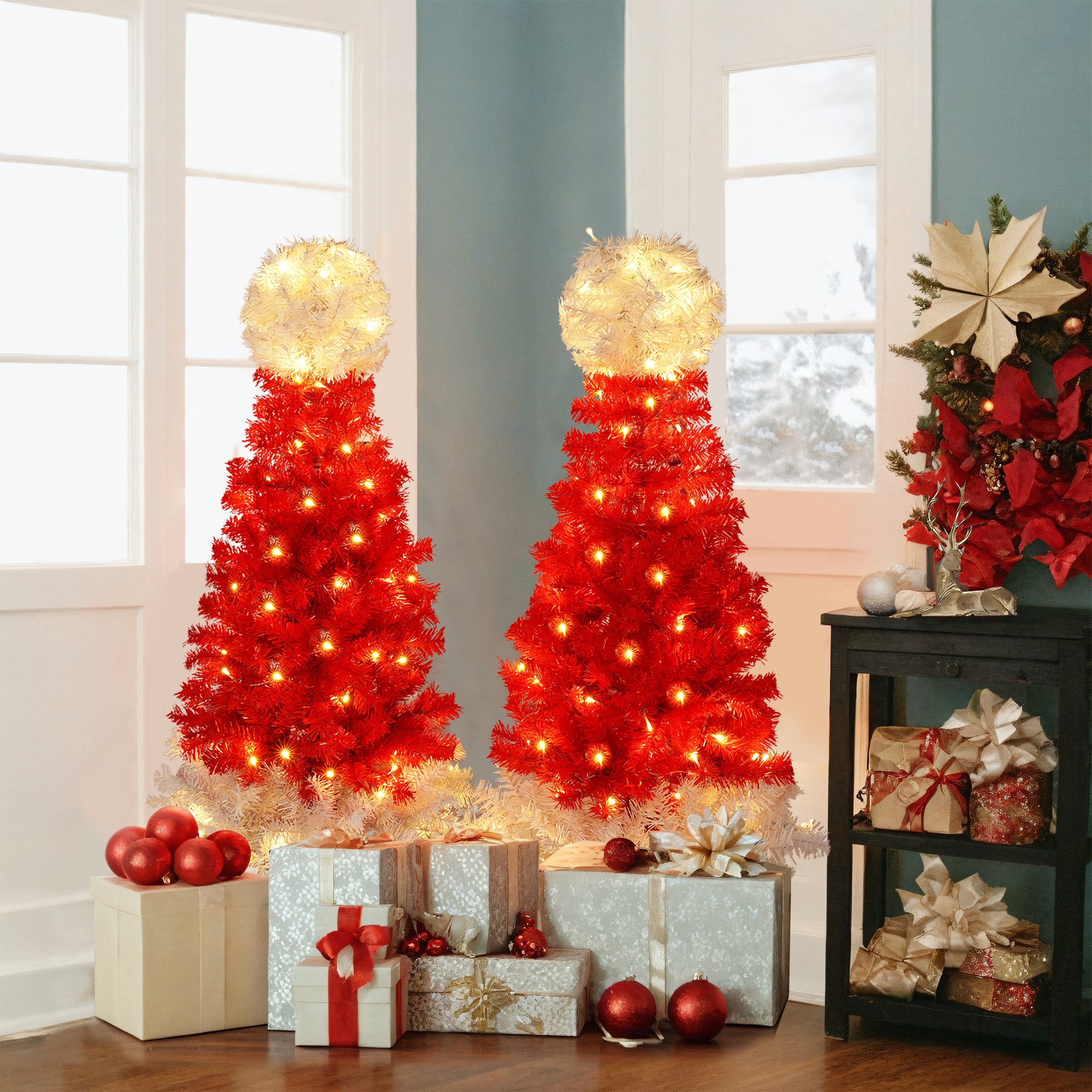 Lighted Santa Hat Style Christmas Tree Set of 2, 4ft Artificial Tree