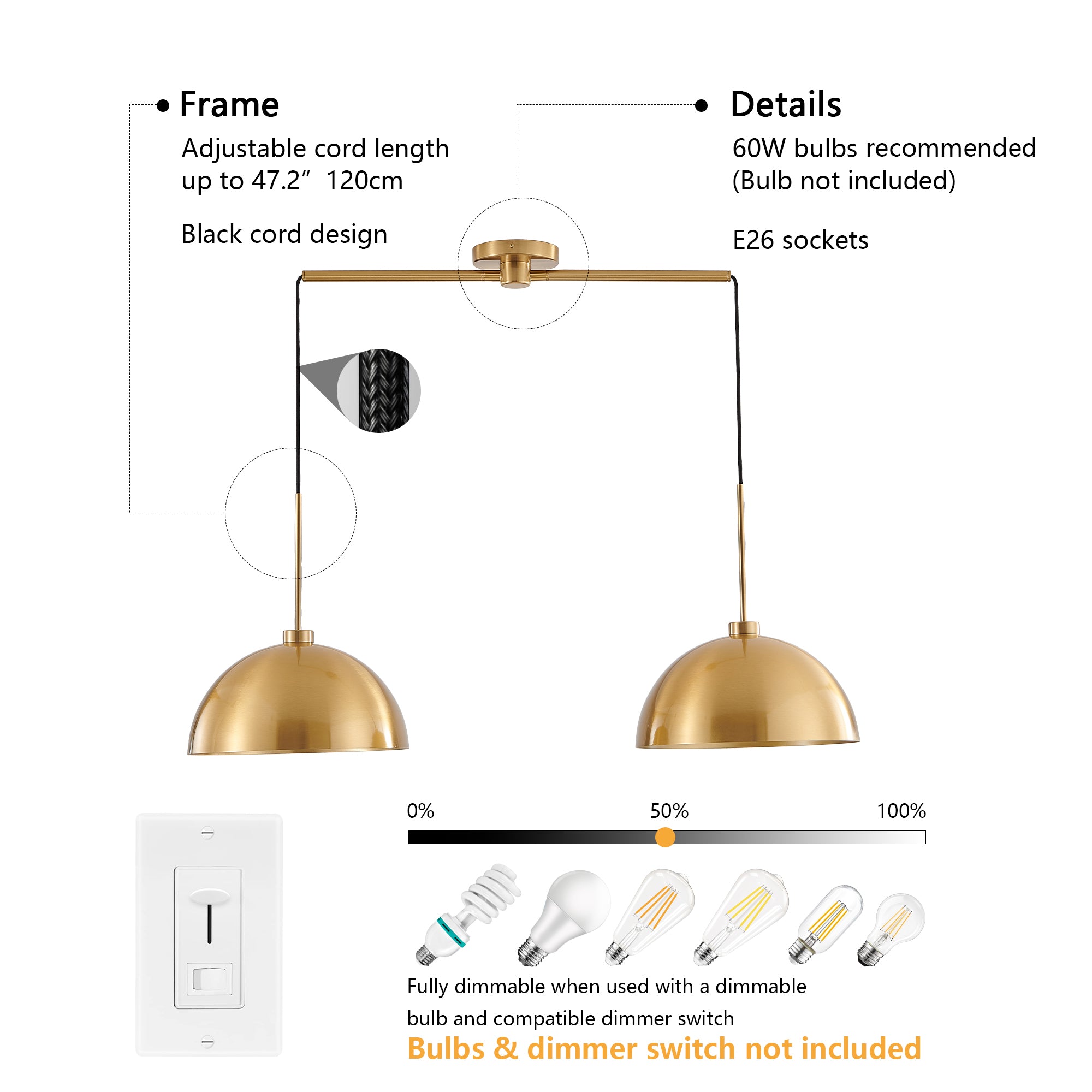 Industrial Iron Modern Copper Color Dining Room Double Pendant Light Hard-Wired