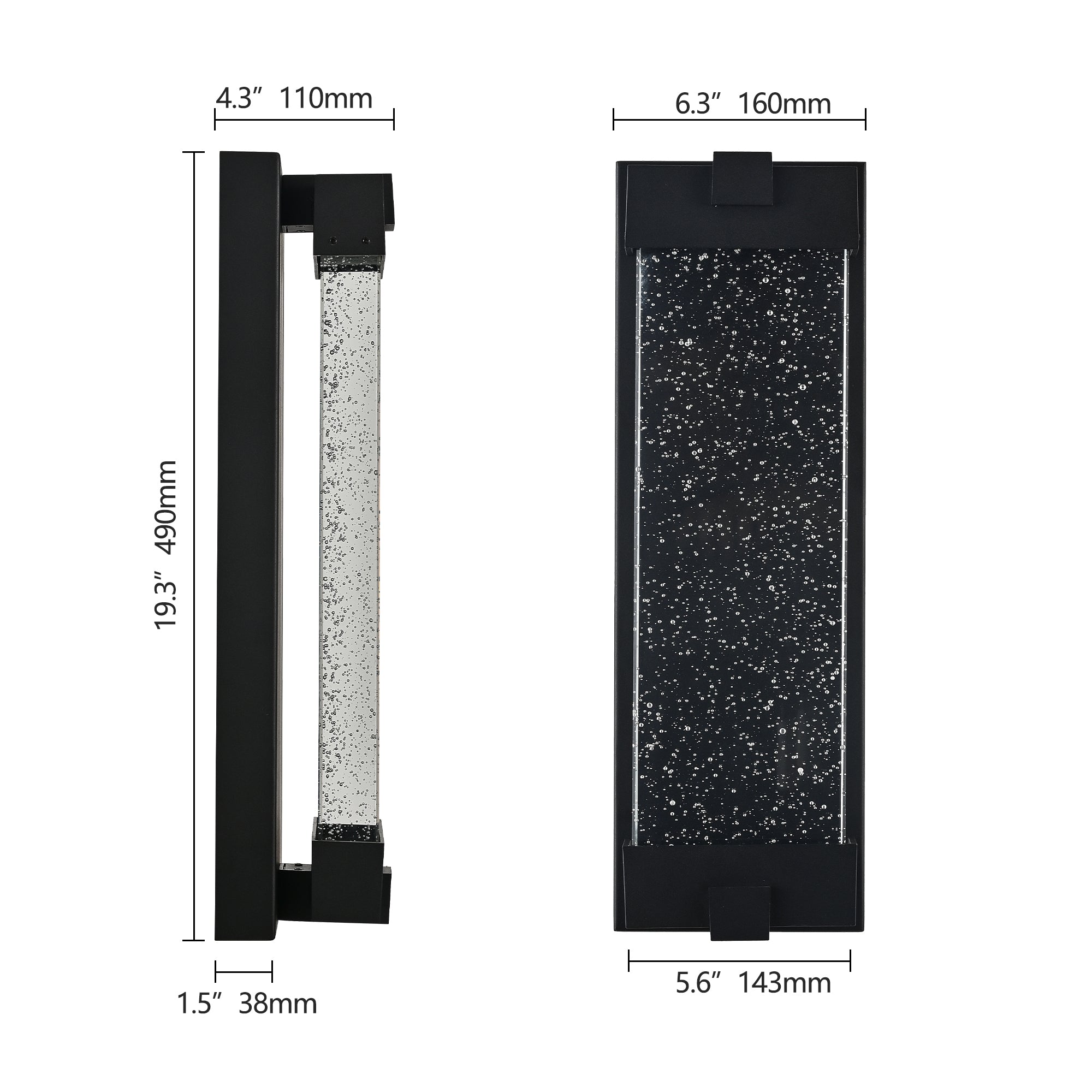 Black Aluminum Finish Outdoor Wall Light with Bubble Crystal Glass 3000K Warm Light