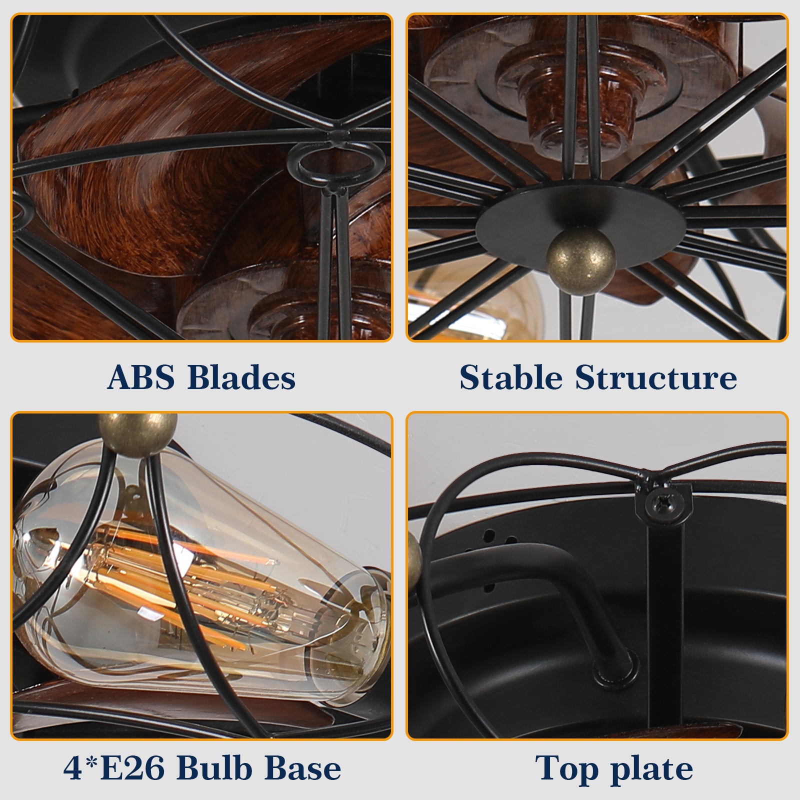 Low Profile Caged Ceiling Fan with Light and Remote - 20 Inch Industrial Flush Mount Fan