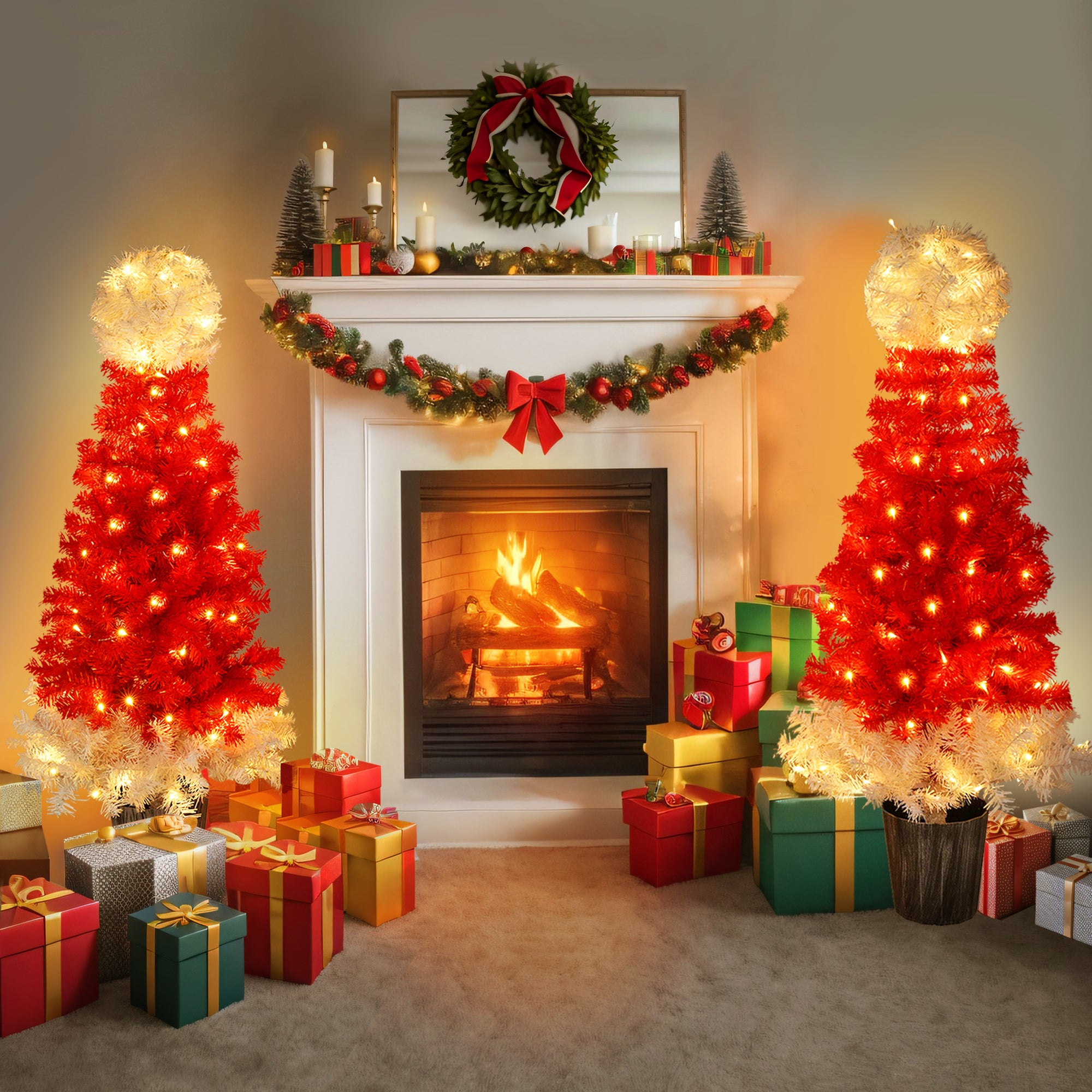 Lighted Santa Hat Style Christmas Tree Set of 2, 4ft Artificial Tree