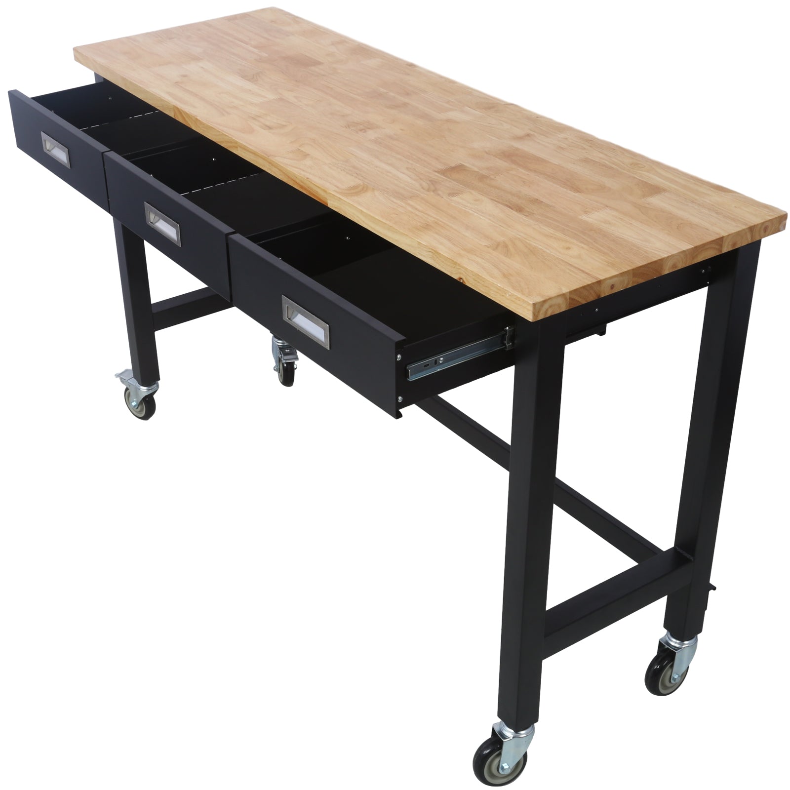 60-Inch Mobile Workbench with Steel Drawer and Solid Wood Top