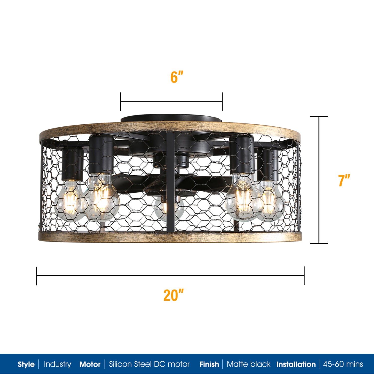 20 Inch Caged Ceiling Fan with Light and Remote - Low Profile Farmhouse Industrial Fan