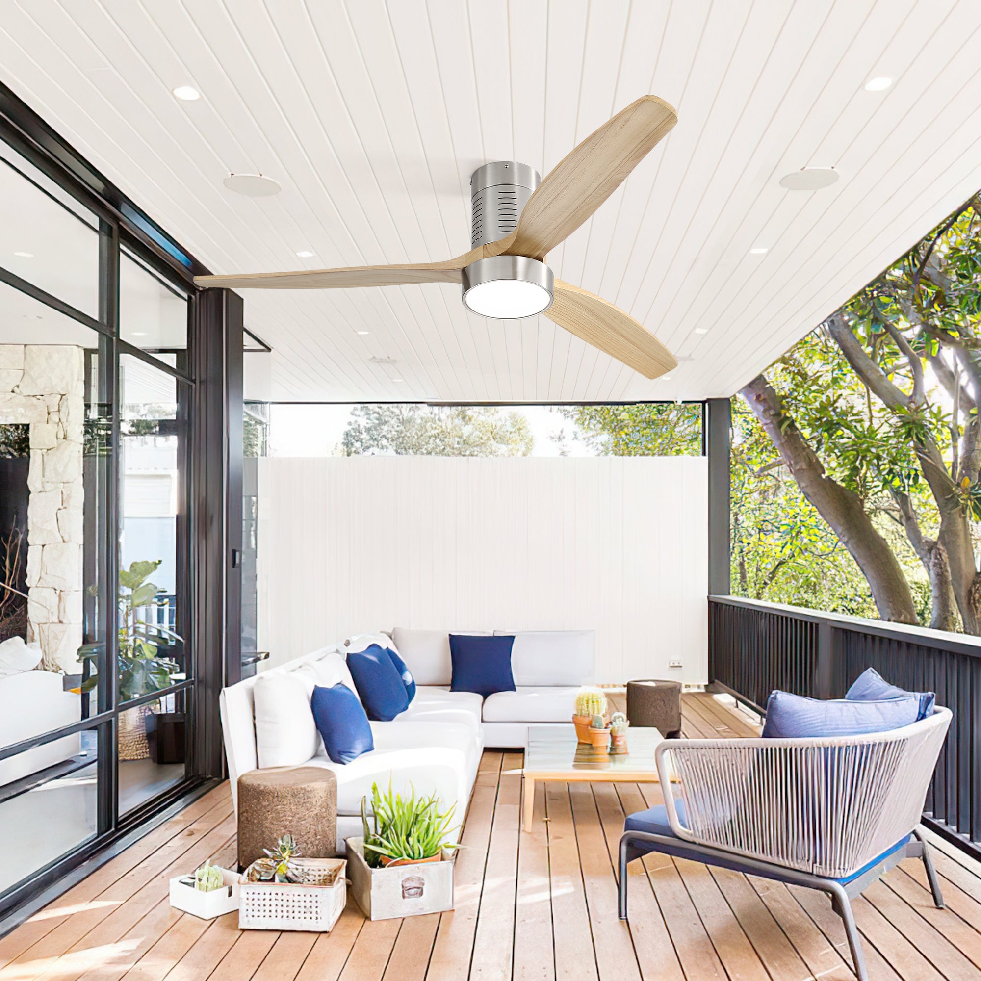 52 Inch Flush Mount Ceiling Fan with Dimmable LED Light - 6 Speed Remote Control & Solid Wood Blades