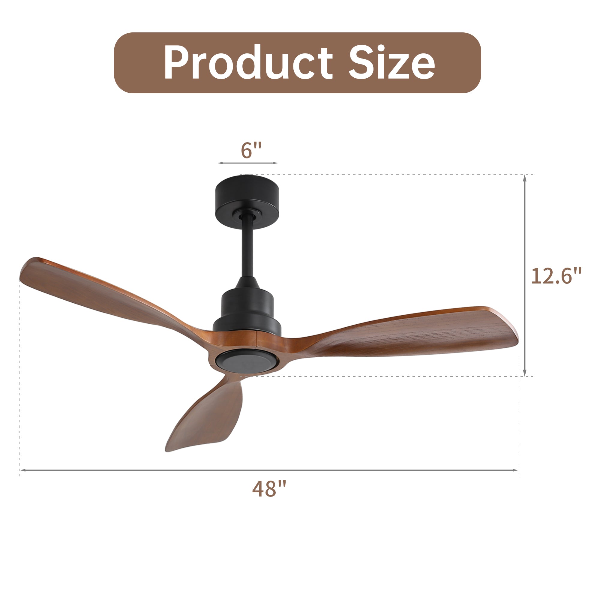 48 Inch Ceiling Fan Without Light - 6 Speed DC Motor with Solid Wood Blades for Indoor Outdoor Use