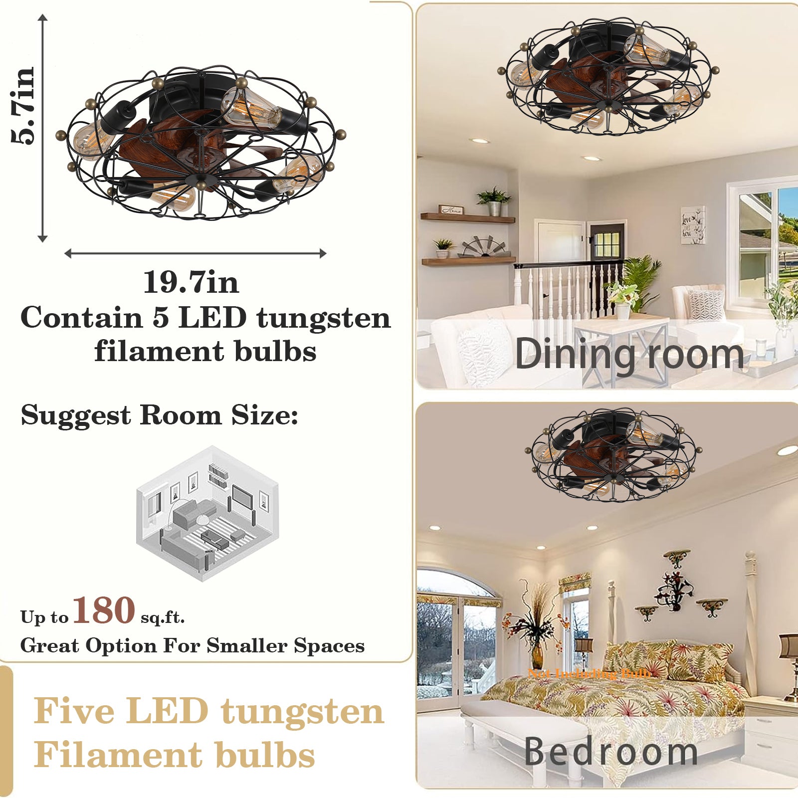 Low Profile Caged Ceiling Fan with Light and Remote - 20 Inch Industrial Flush Mount Fan