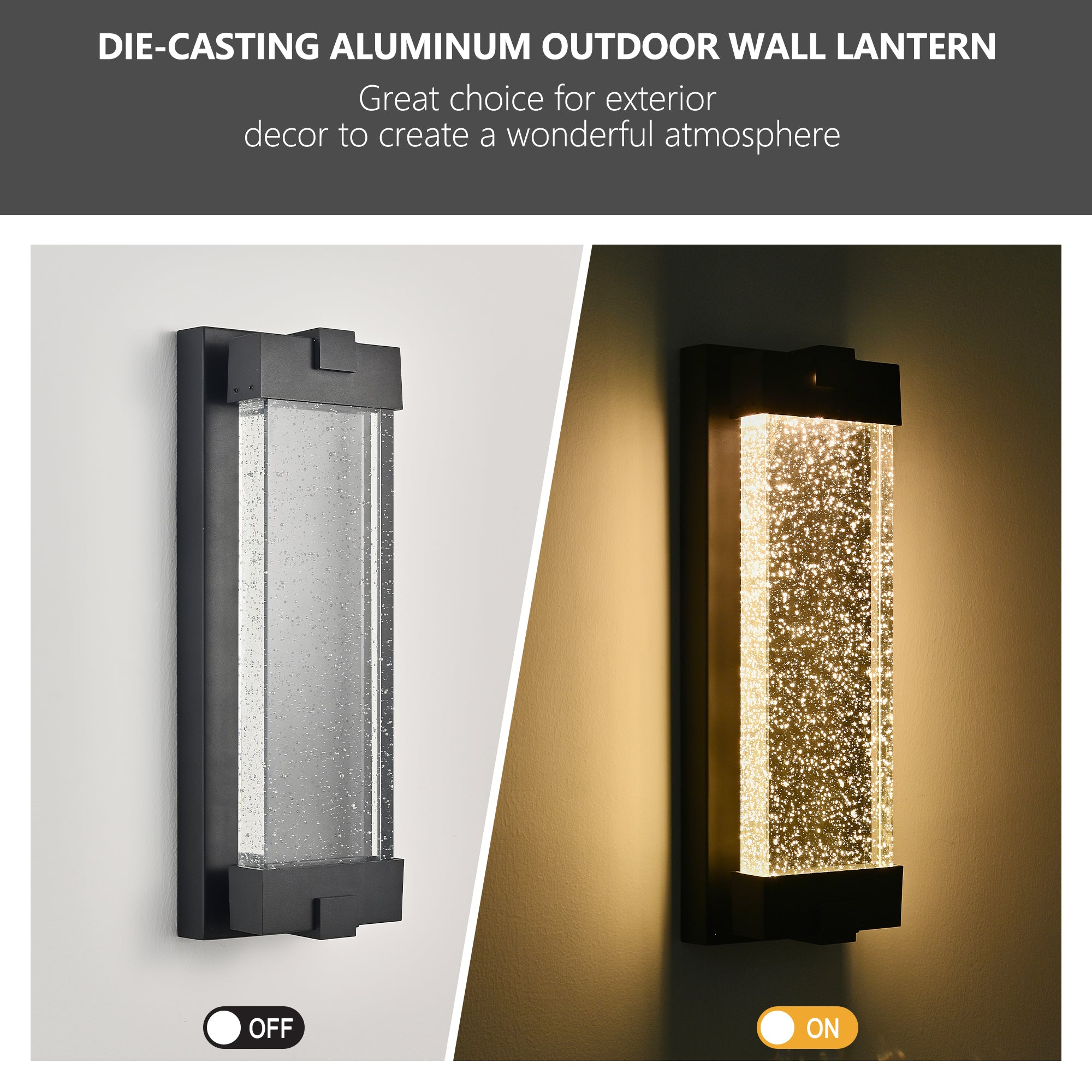 Black Aluminum Finish Outdoor Wall Light with Bubble Crystal Glass 3000K Warm Light