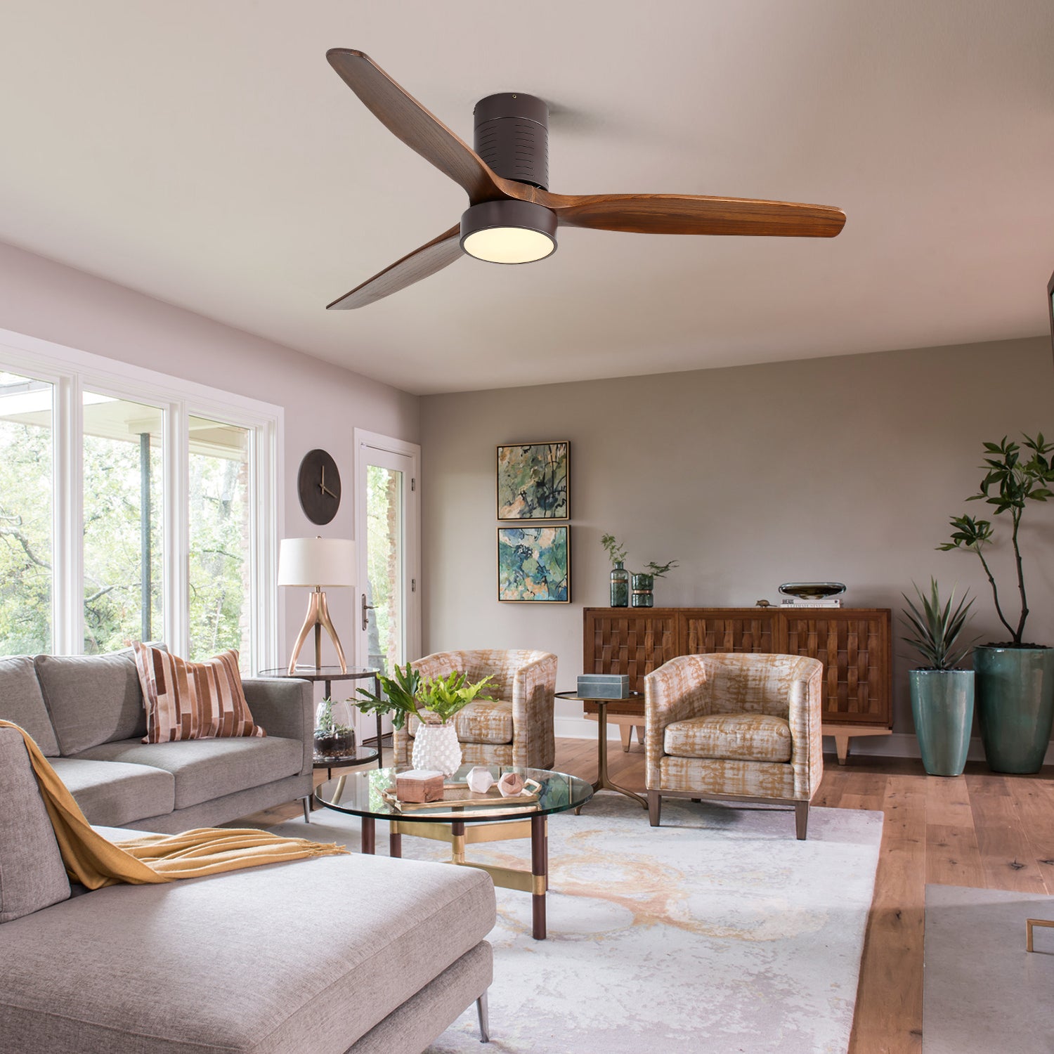 52 Inch Flush Mount Ceiling Fan with LED Light and Remote - Solid Wood Blades