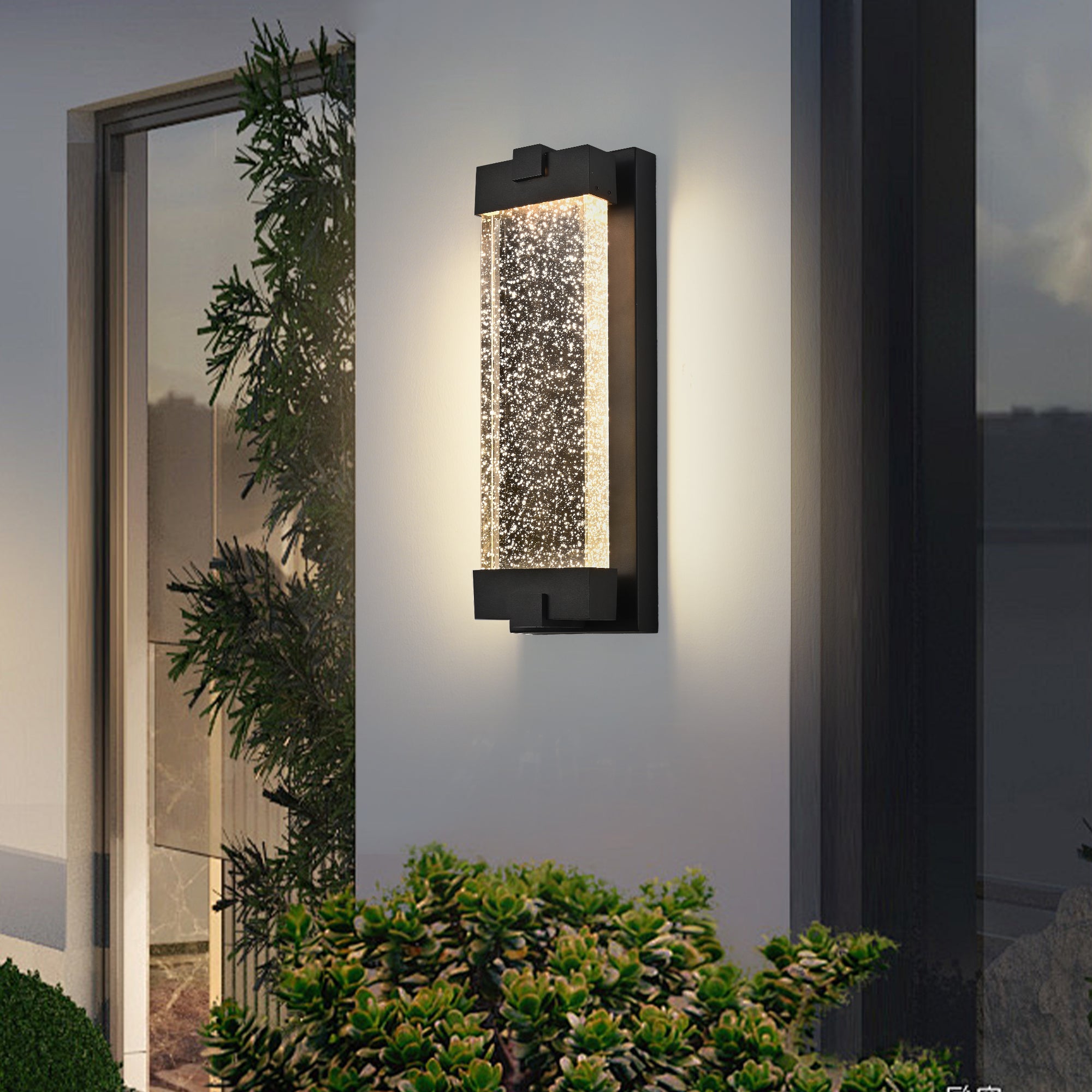 Black Aluminum Finish Outdoor Wall Light with Bubble Crystal Glass 3000K Warm Light