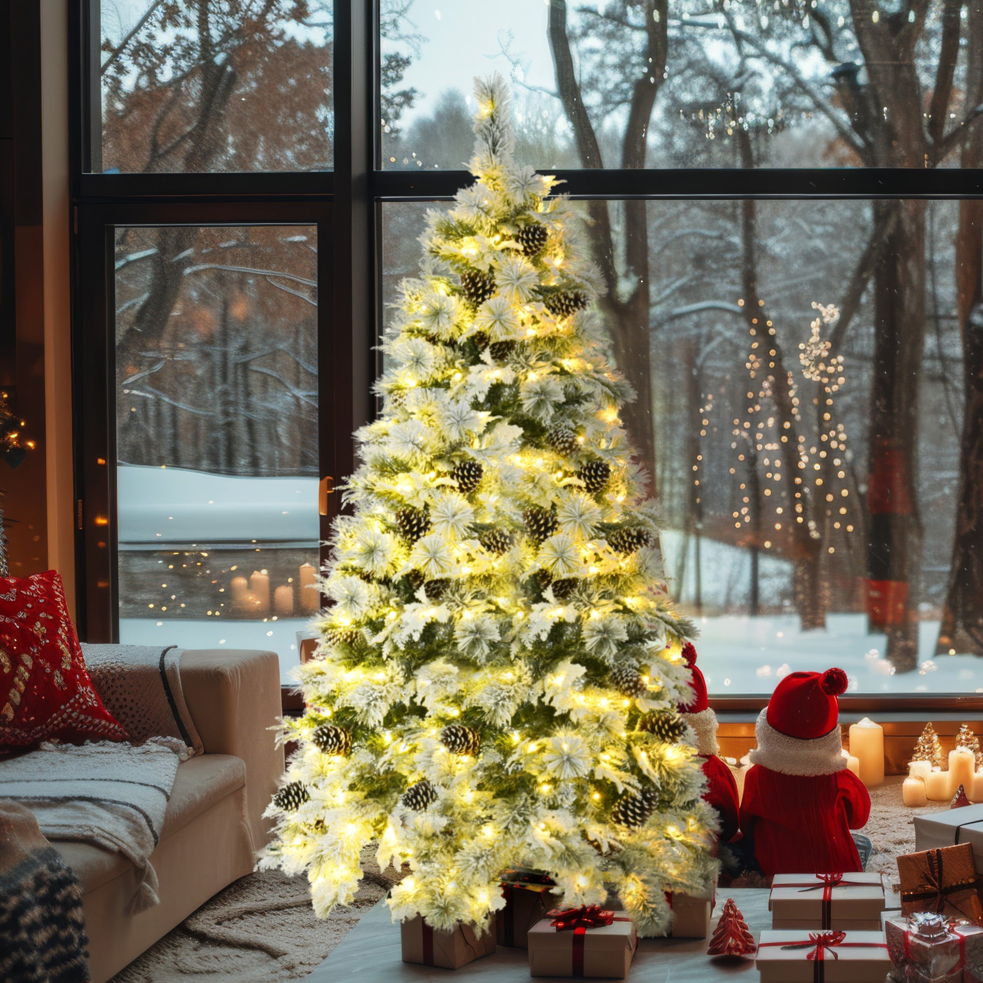 6FT Pre-Lit Spruce Snow Flocked Christmas Tree with Pine Cones