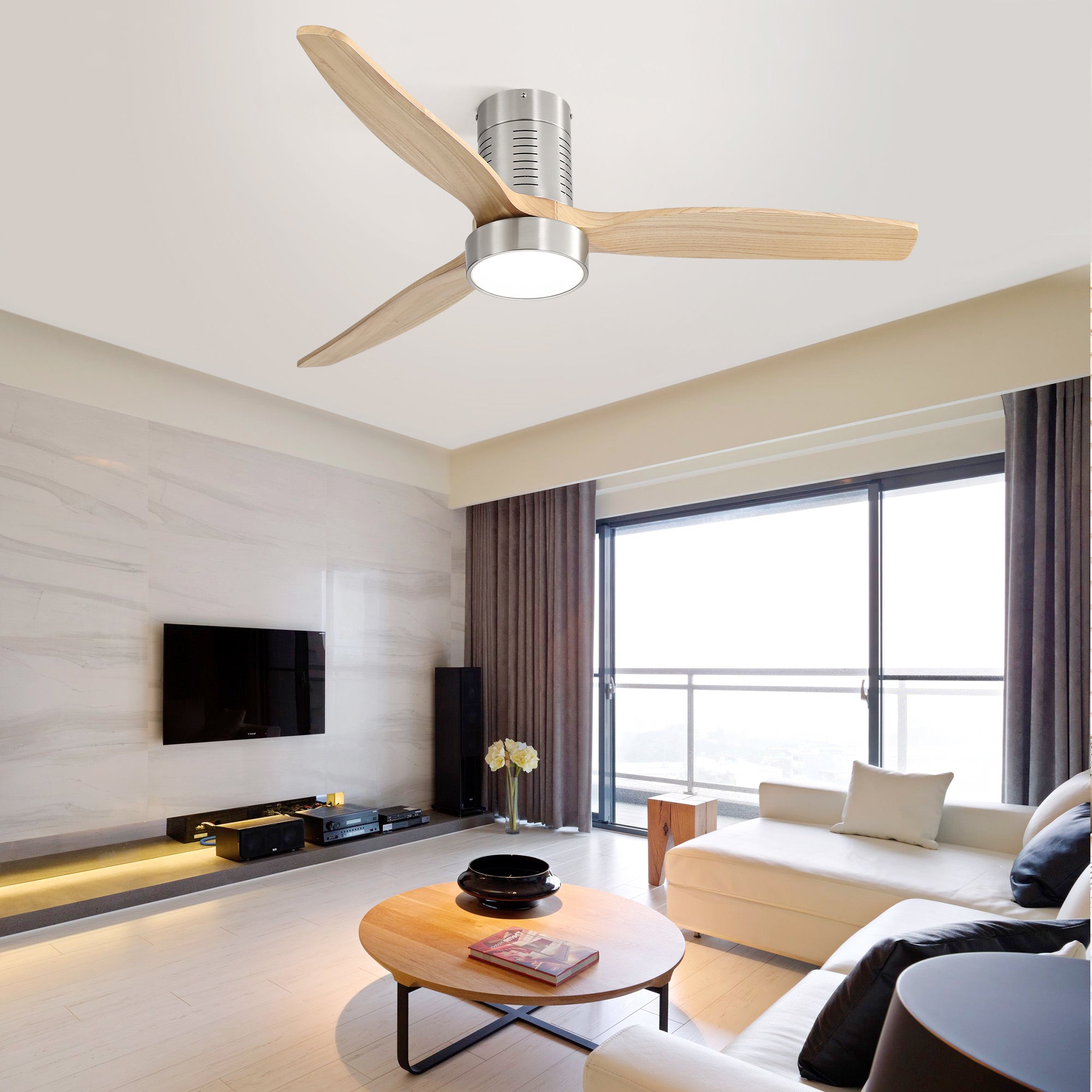 52 Inch Flush Mount Ceiling Fan with Dimmable LED Light - 6 Speed Remote Control & Solid Wood Blades
