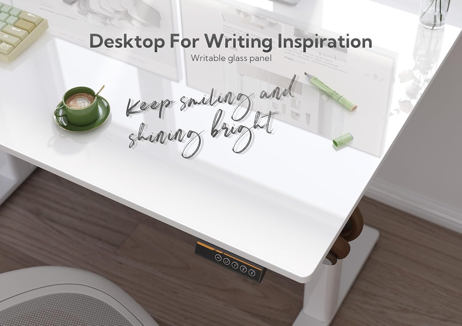 48" Electric Standing Desk with White Glass Top - Quick Assembly, Height Adjustable, T-Shape Base