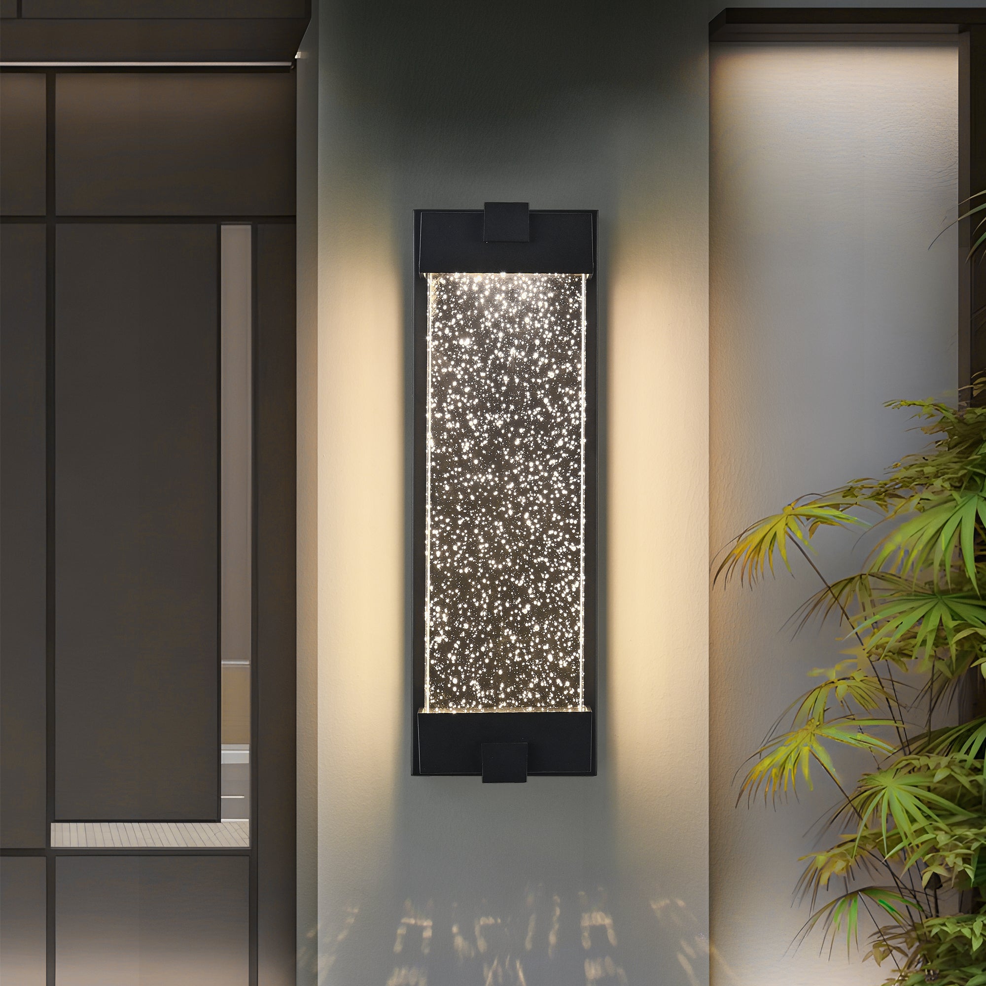 Black Aluminum Finish Outdoor Wall Light with Bubble Crystal Glass 3000K Warm Light