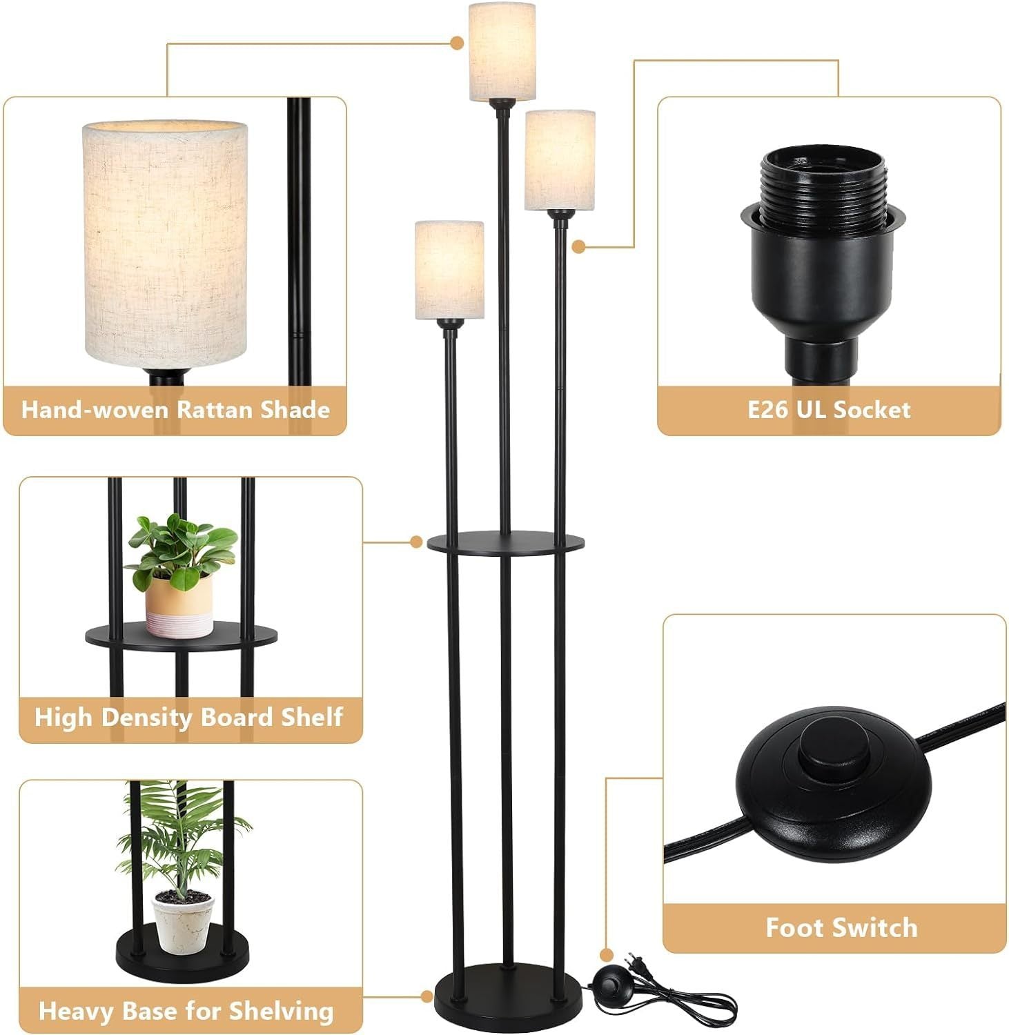 3-Lights 67inch Floor Lamp with Linen Shade and Foot Switch