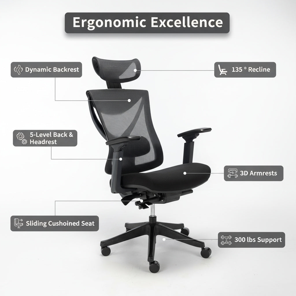 Ergonomic office chair with labeled features on a white background
