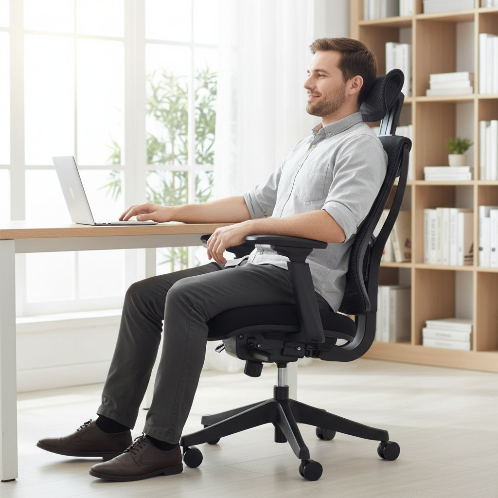 Man sitting on a black office chair at a desk with a laptop, in a bright room with large windows and bookshelves.