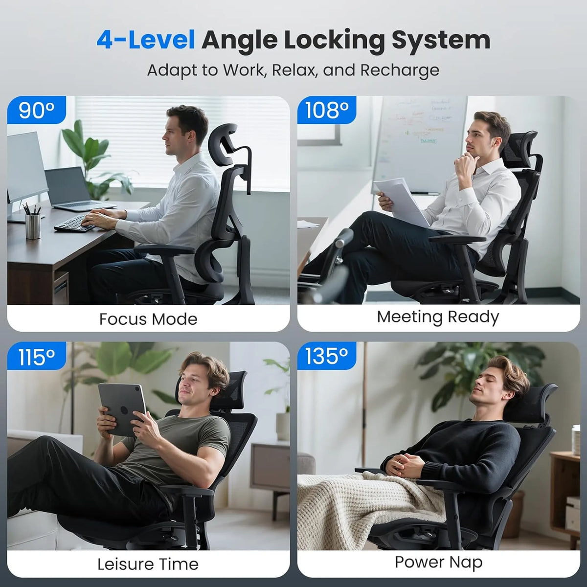 Ergonomic chair with 4-level angle locking system demonstrating different usage scenarios.