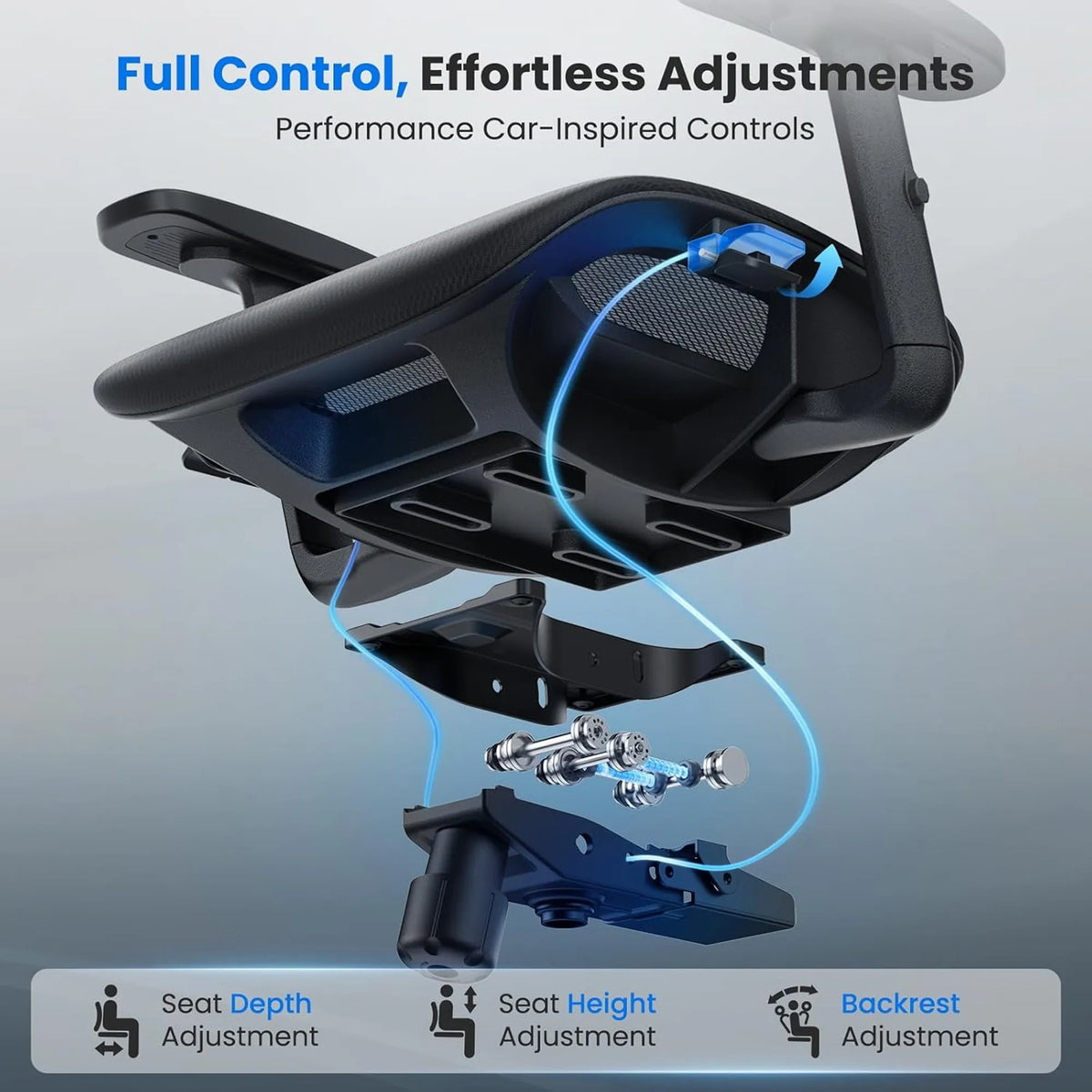 Chair adjustment mechanism with text highlighting control features on a gray background