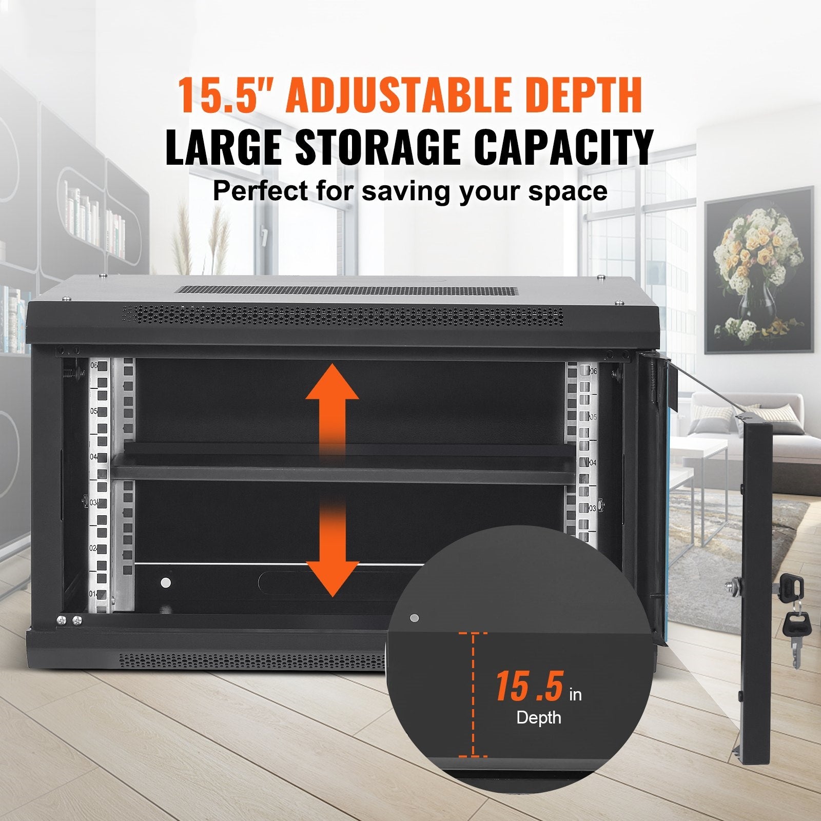 6U Wall Mount Network Server Cabinet - 15.5 Inch Deep Rack Enclosure with Locking Glass Door