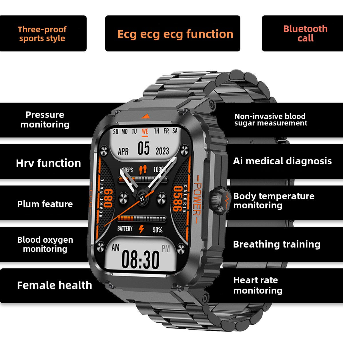 Smart Watch Outdoor Waterproof Bluetooth Call ECG Heart Rate Blood Sugar Temperature Monitoring Sports