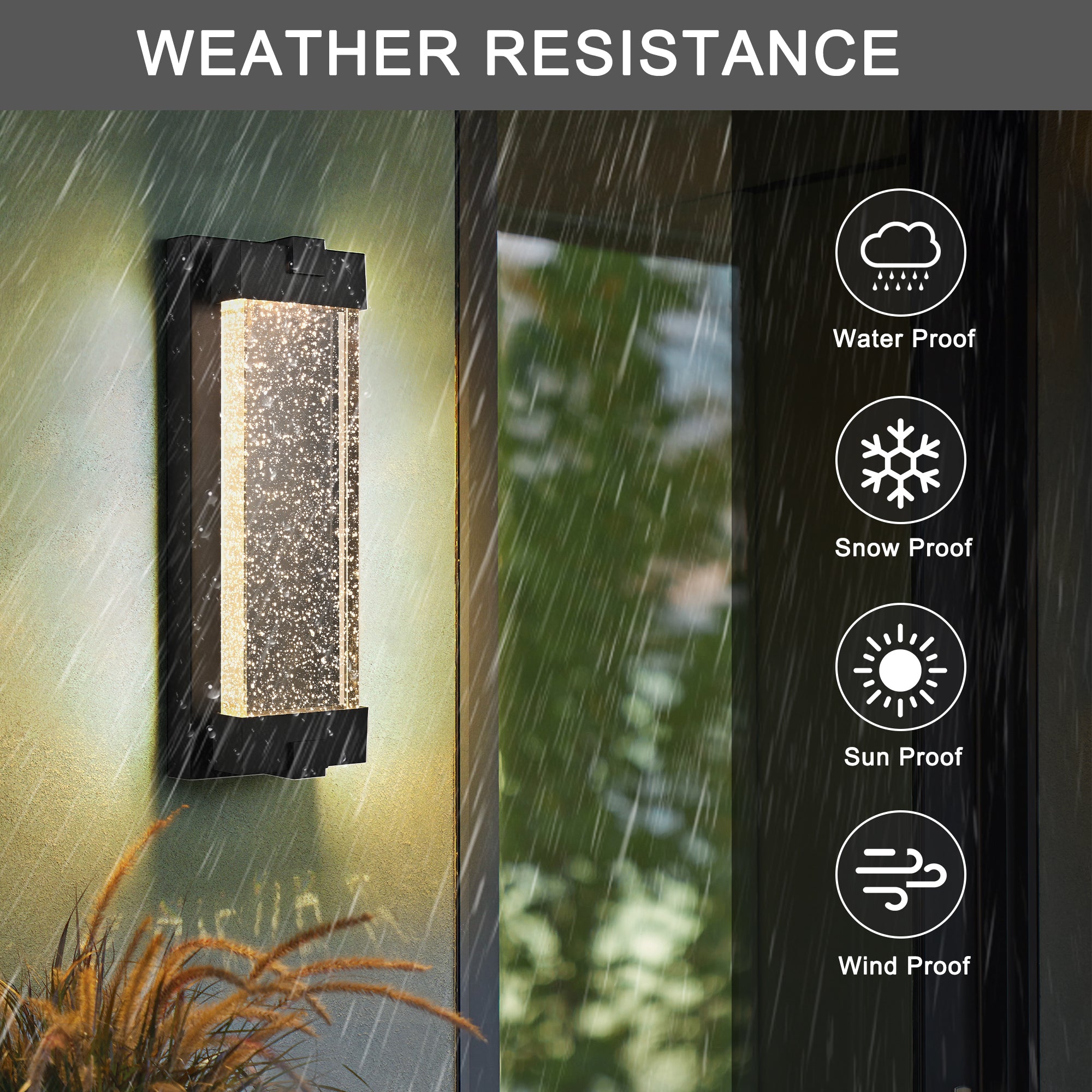 Black Aluminum Finish Outdoor Wall Light with Bubble Crystal Glass 3000K Warm Light