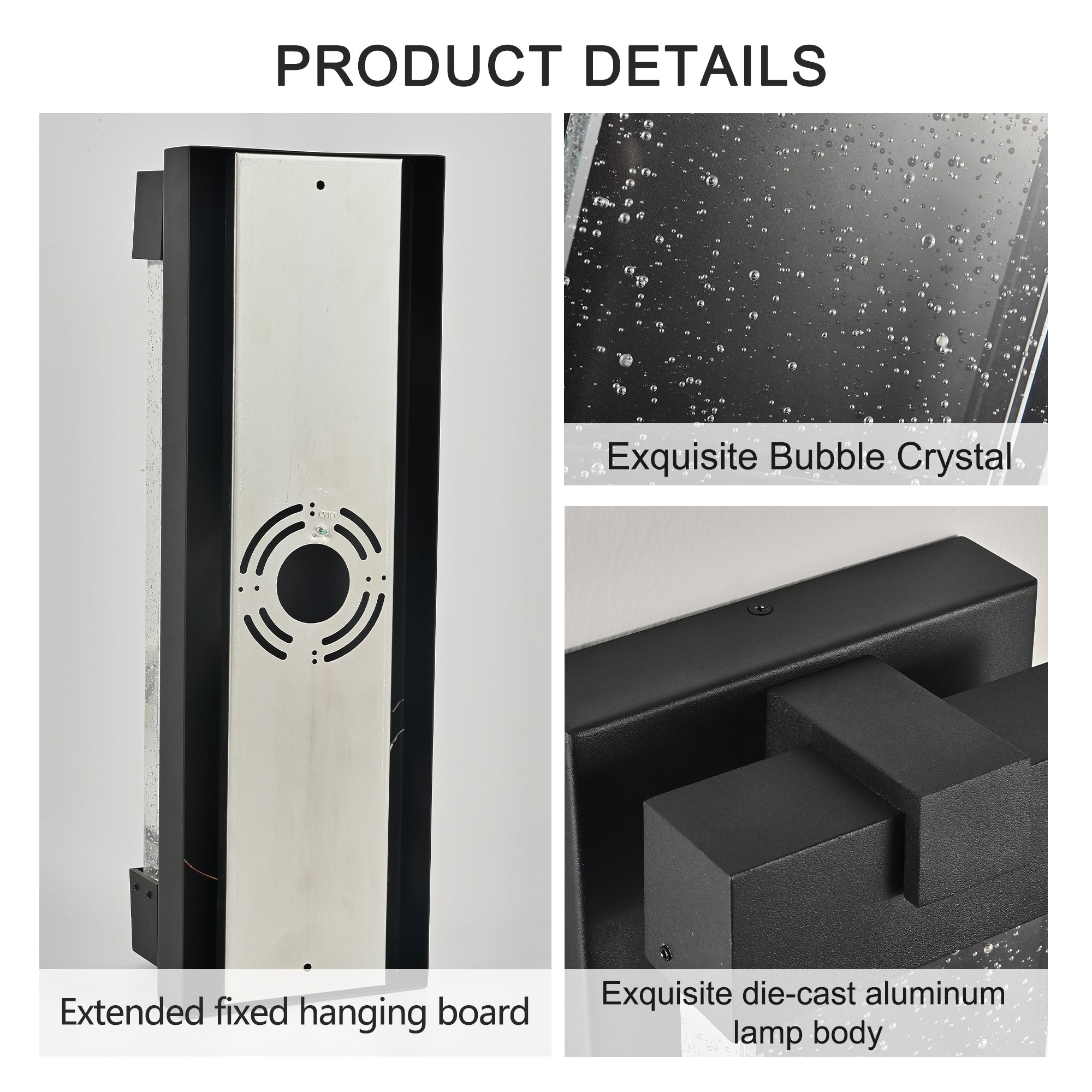 Black Aluminum Finish Outdoor Wall Light with Bubble Crystal Glass 3000K Warm Light