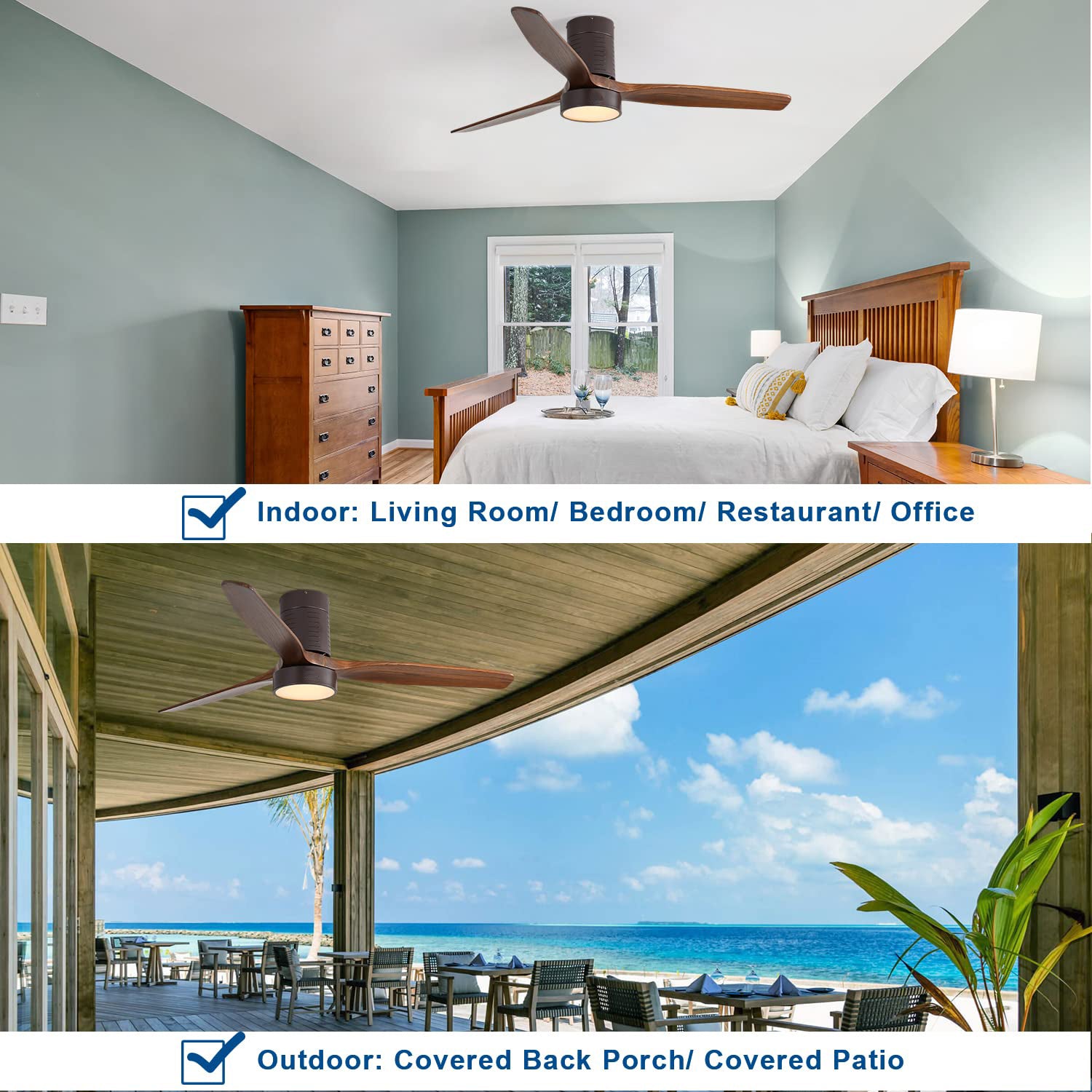 52 Inch Flush Mount Ceiling Fan with LED Light and Remote - Solid Wood Blades